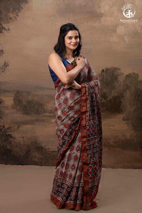 Ushraa - Rust Red & Indigo Ajrakh Silk Cotton Saree With Delicate Gold Zari Border-RUTAMBHARA-RUTAMBHARA