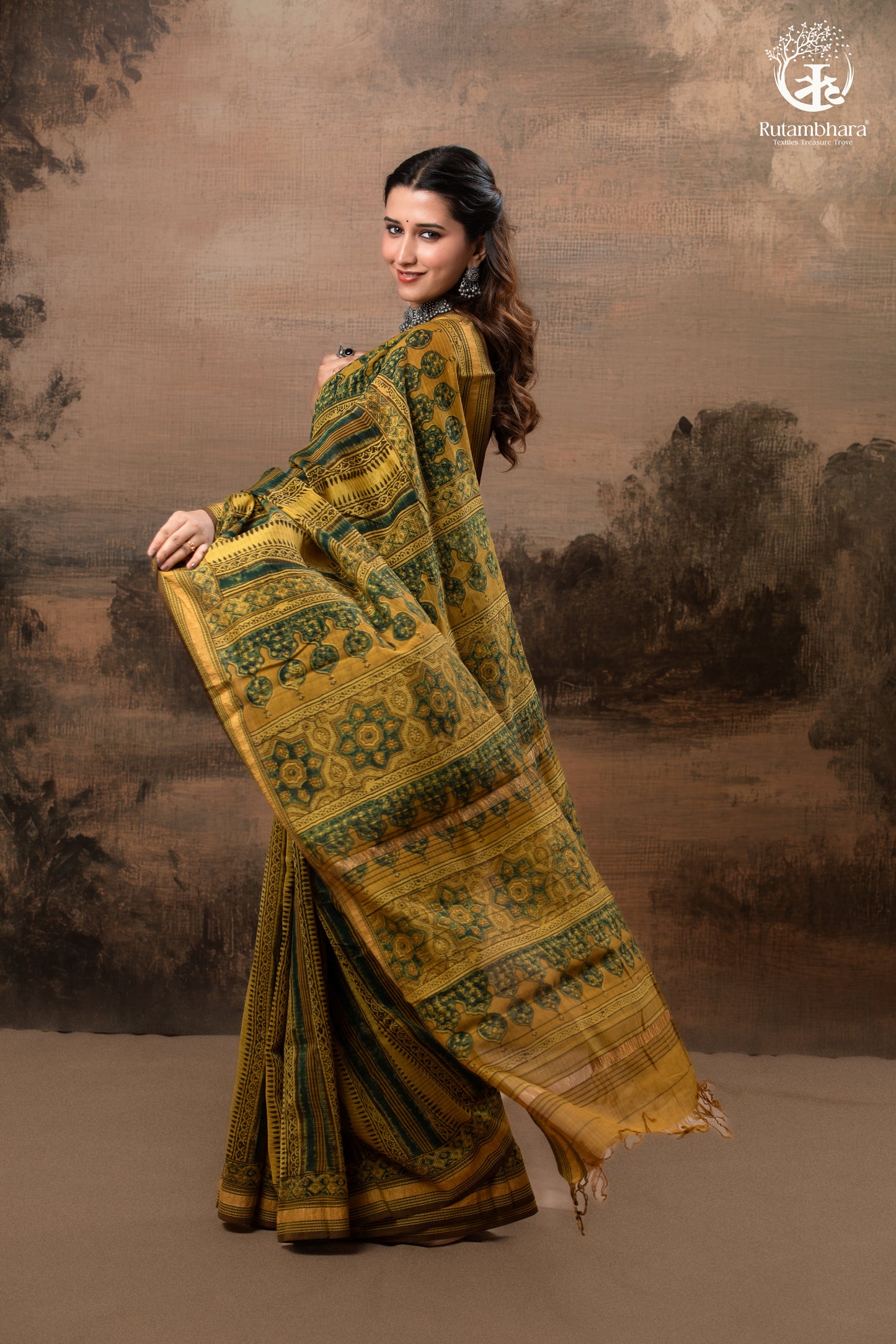 Ushraa - Mustard And Forest Green Ajrakh Hand Block Printed Cotton Silk Saree with Gold Zari Border