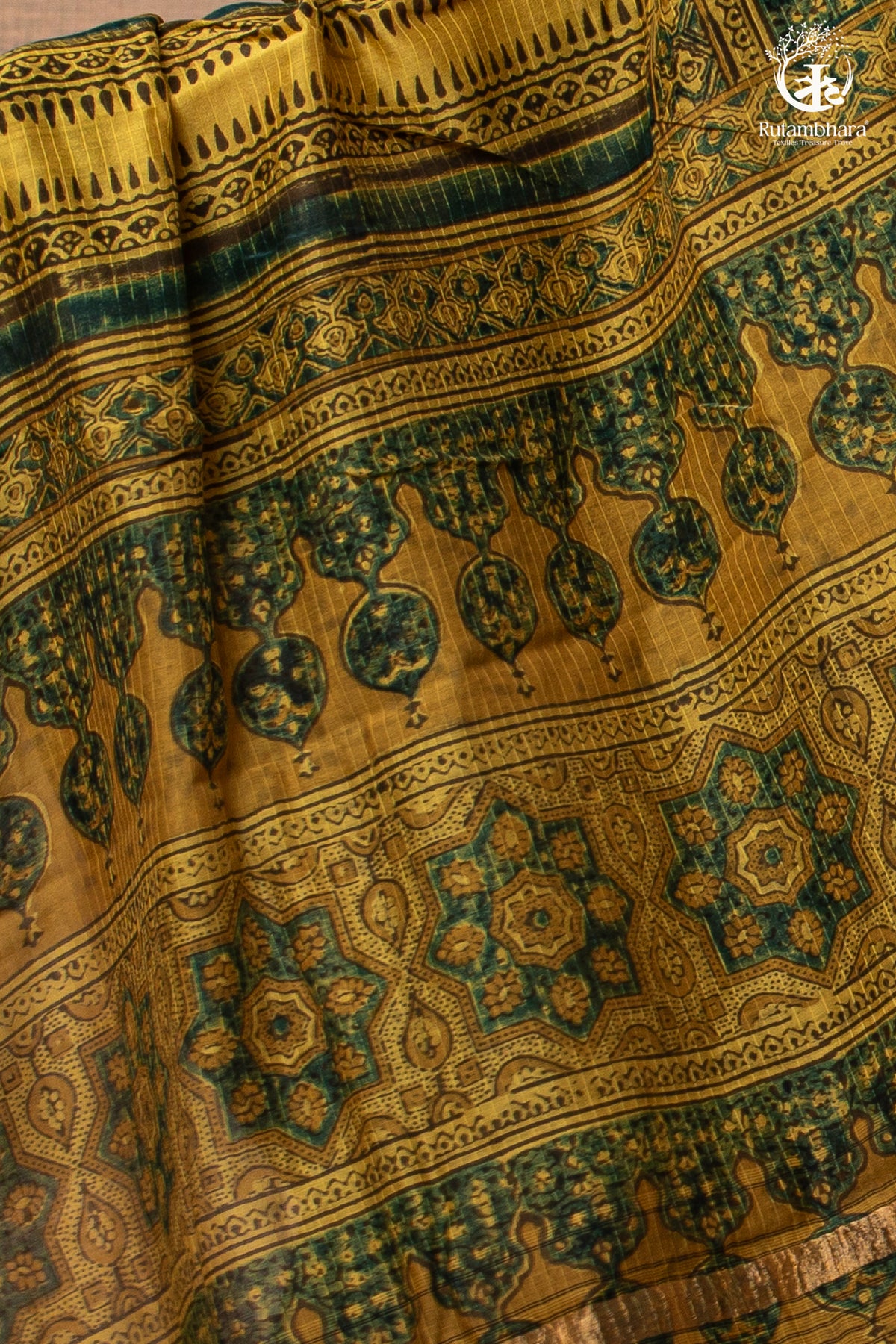 Ushraa - Mustard And Forest Green Ajrakh Hand Block Printed Cotton Silk Saree with Gold Zari Border