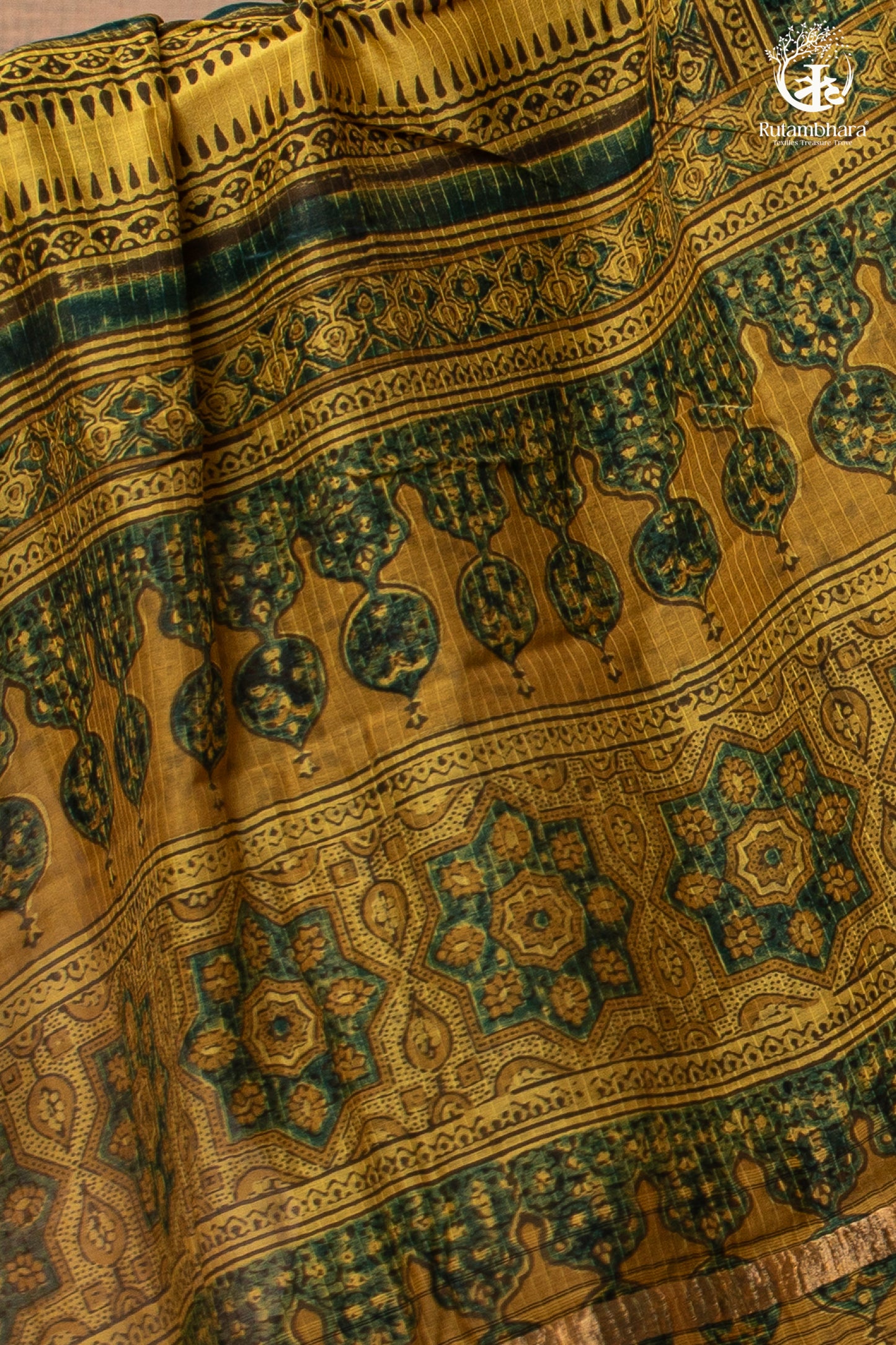 Ushraa - Mustard And Forest Green Ajrakh Hand Block Printed Cotton Silk Saree with Gold Zari Border