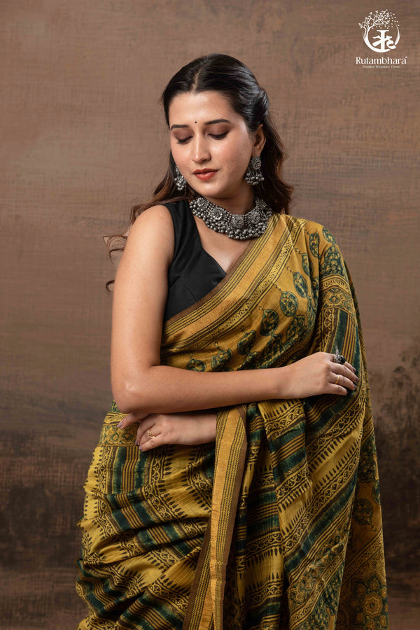 Ushraa - Mustard And Forest Green Ajrakh Hand Block Printed Cotton Silk Saree with Gold Zari Border-RUTAMBHARA-RUTAMBHARA