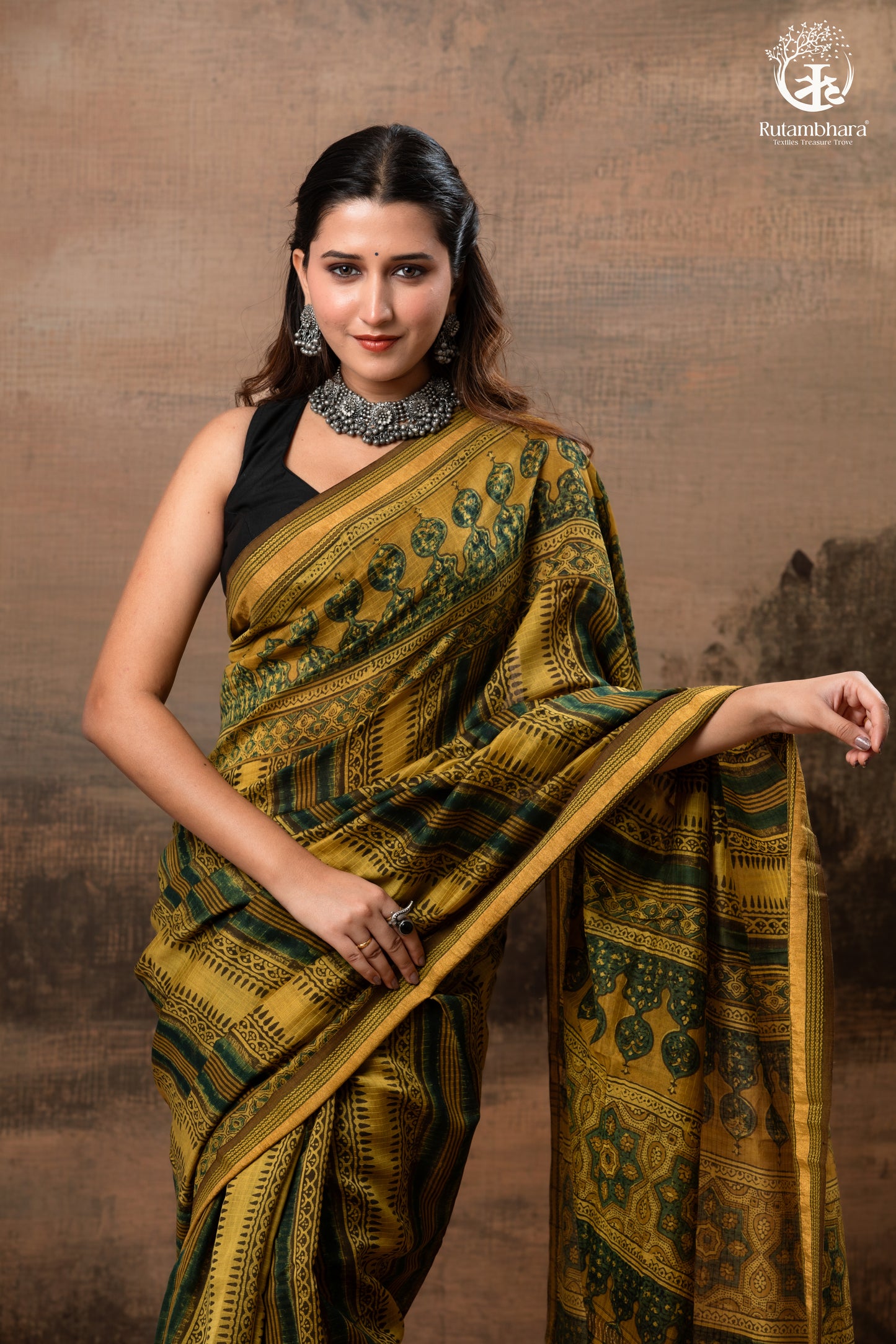 Ushraa - Mustard And Forest Green Ajrakh Hand Block Printed Cotton Silk Saree with Gold Zari Border