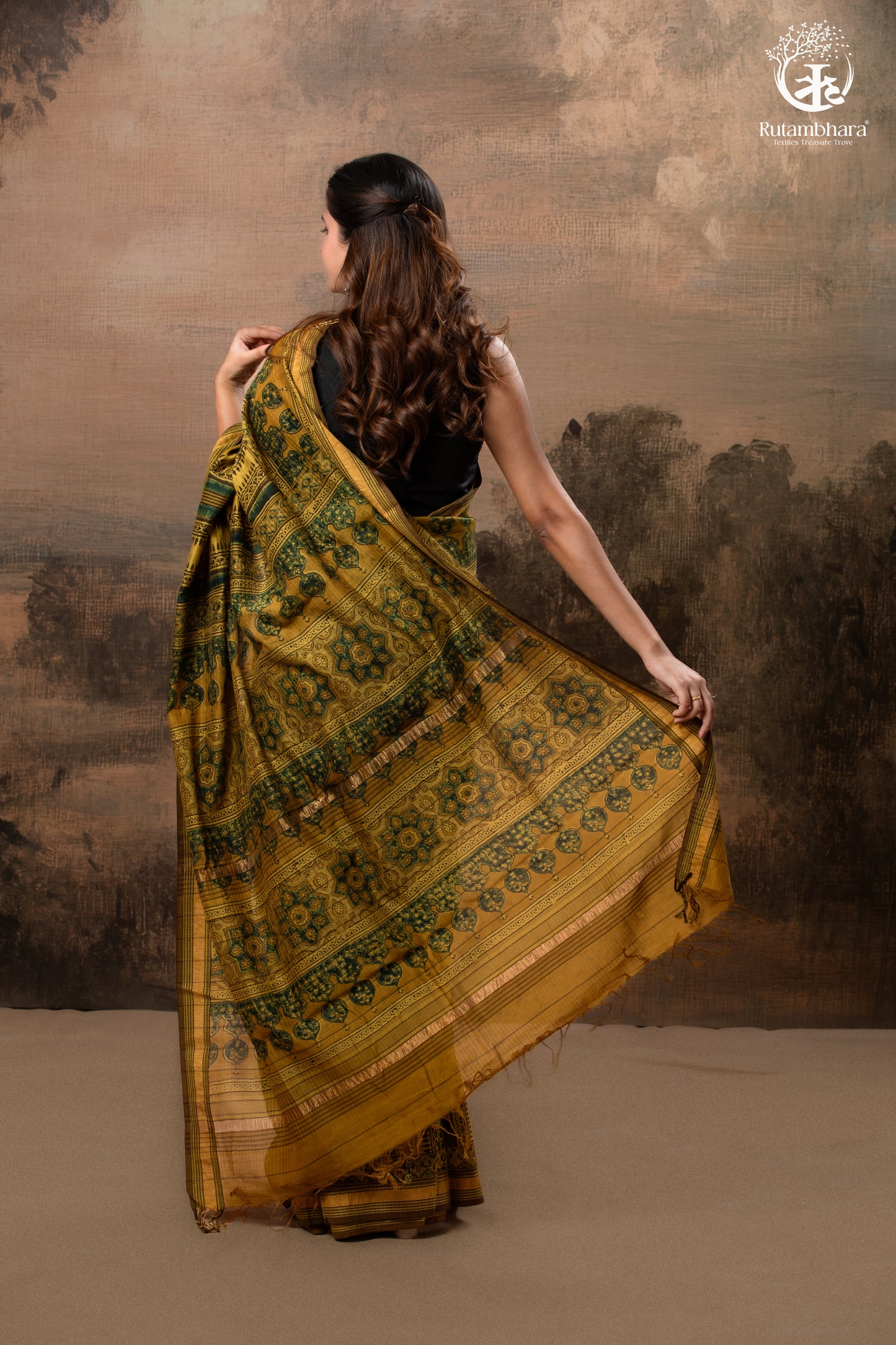 Ushraa - Mustard And Forest Green Ajrakh Hand Block Printed Cotton Silk Saree with Gold Zari Border