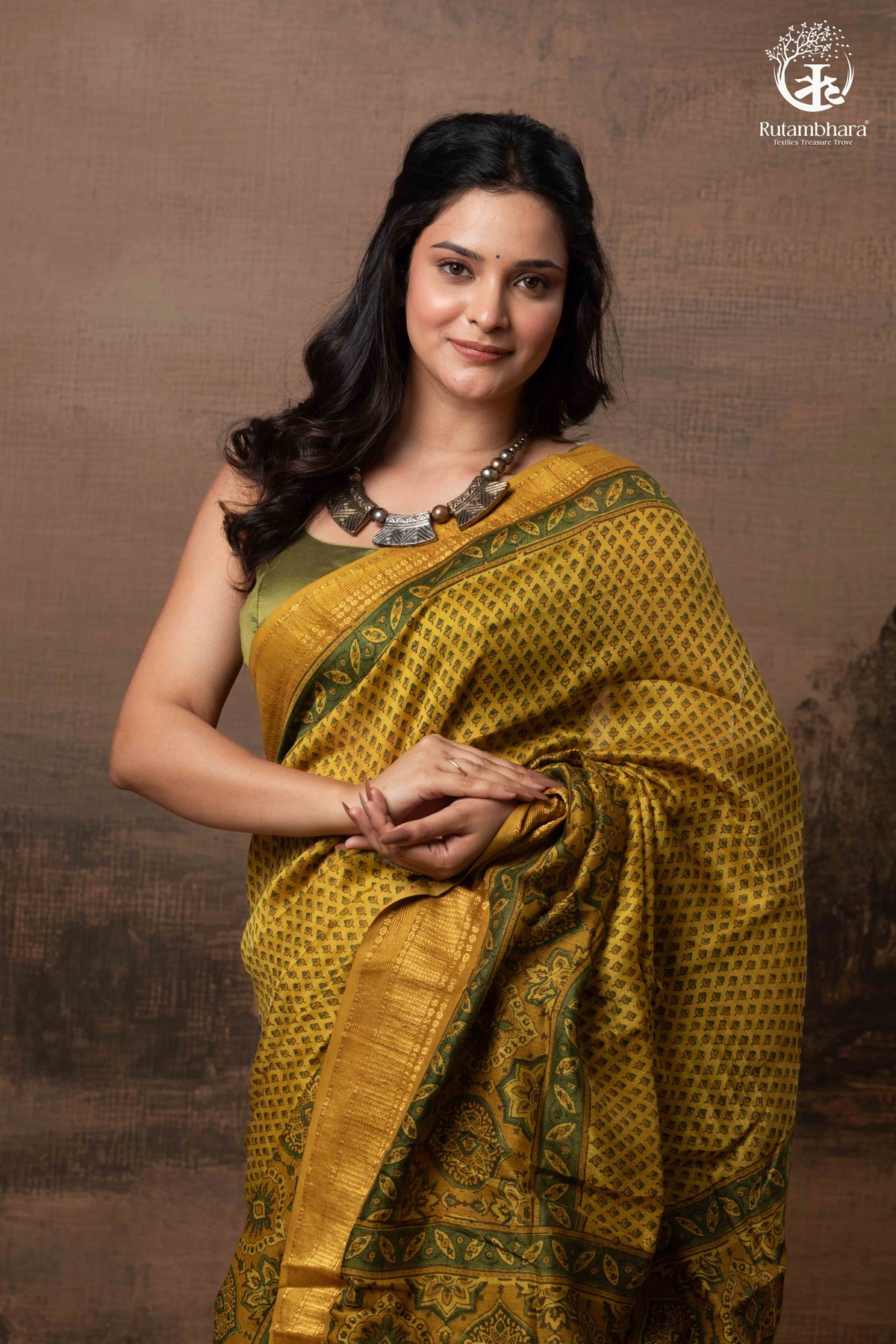 Ushraa - Ajrakh Hand Block Printed Yellow and Green Cotton Silk Saree with Gold Zari Border
