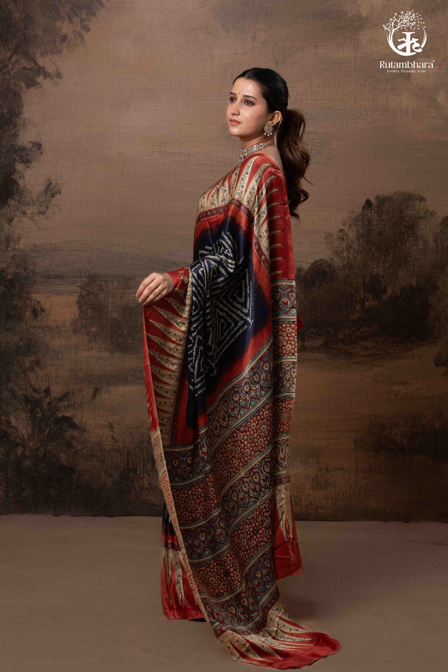 Ushraa - Radiant Red Indigo Ajrakh and Bandhej Modal Silk Saree