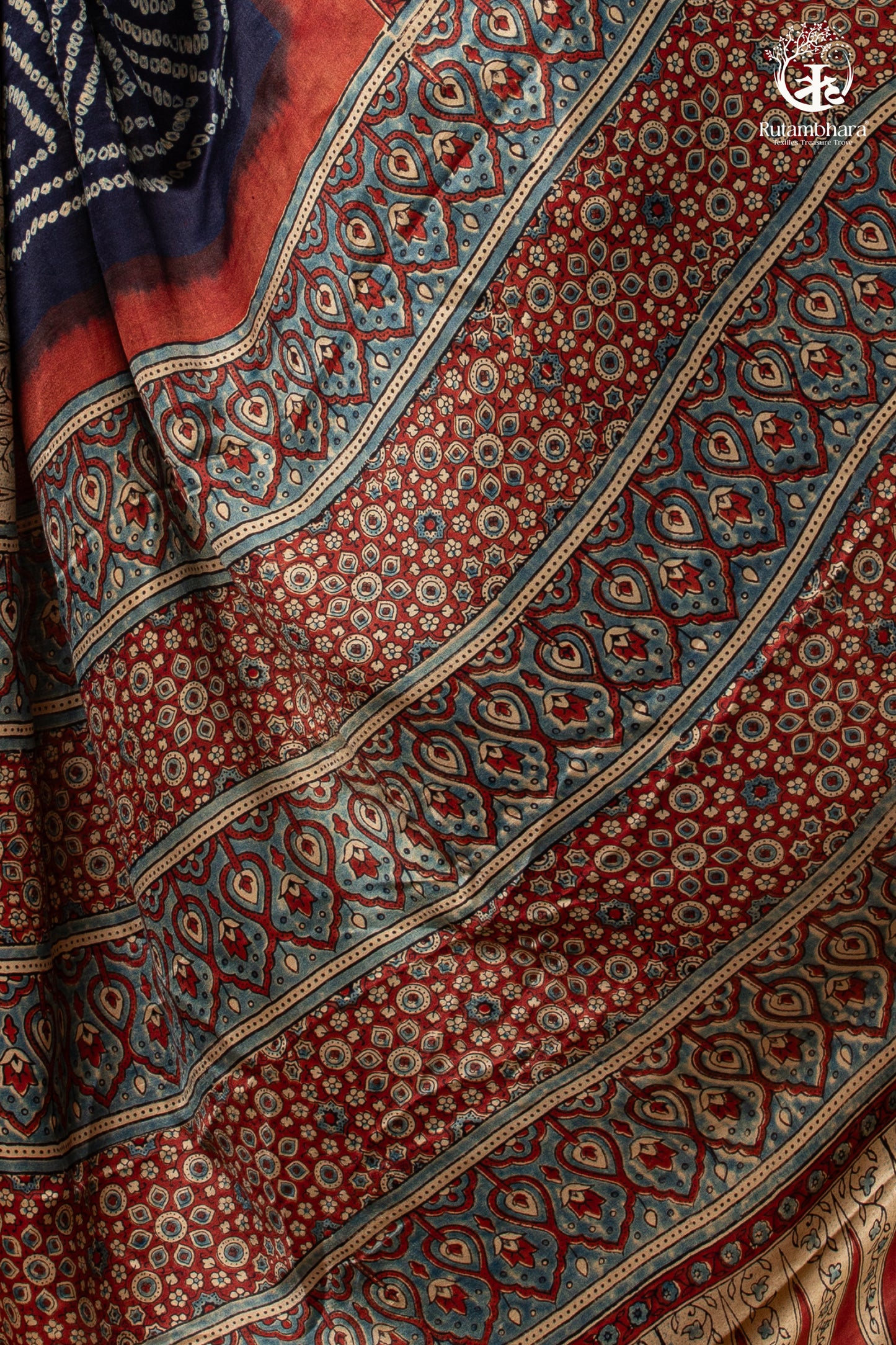 Ushraa - Radiant Red Indigo Ajrakh and Bandhej Modal Silk Saree