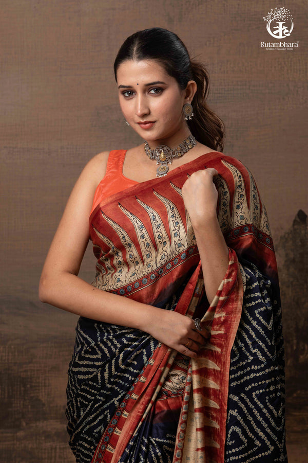Ushraa - Radiant Red Indigo Ajrakh and Bandhej Modal Silk Saree-RUTAMBHARA-RUTAMBHARA
