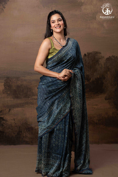 Ushraa - Midnight Indigo – Ajrakh in Fluid Silk Cotton With Small Zari Border-RUTAMBHARA-RUTAMBHARA