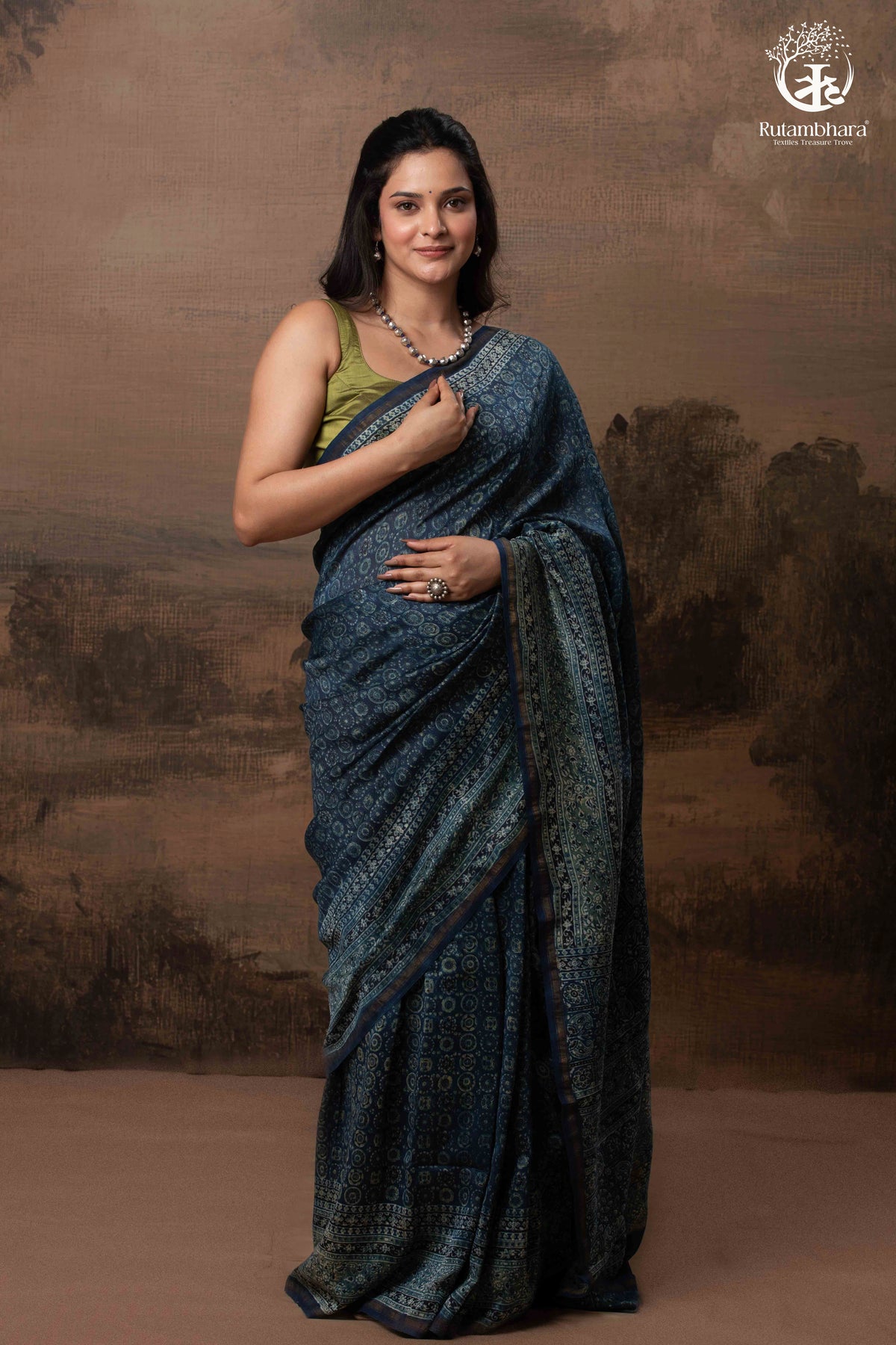 Ushraa - Midnight Indigo – Ajrakh in Fluid Silk Cotton With Small Zari Border