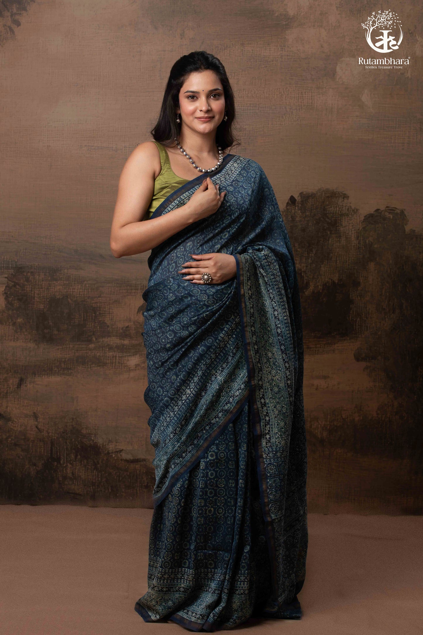 Ushraa - Midnight Indigo – Ajrakh in Fluid Silk Cotton With Small Zari Border