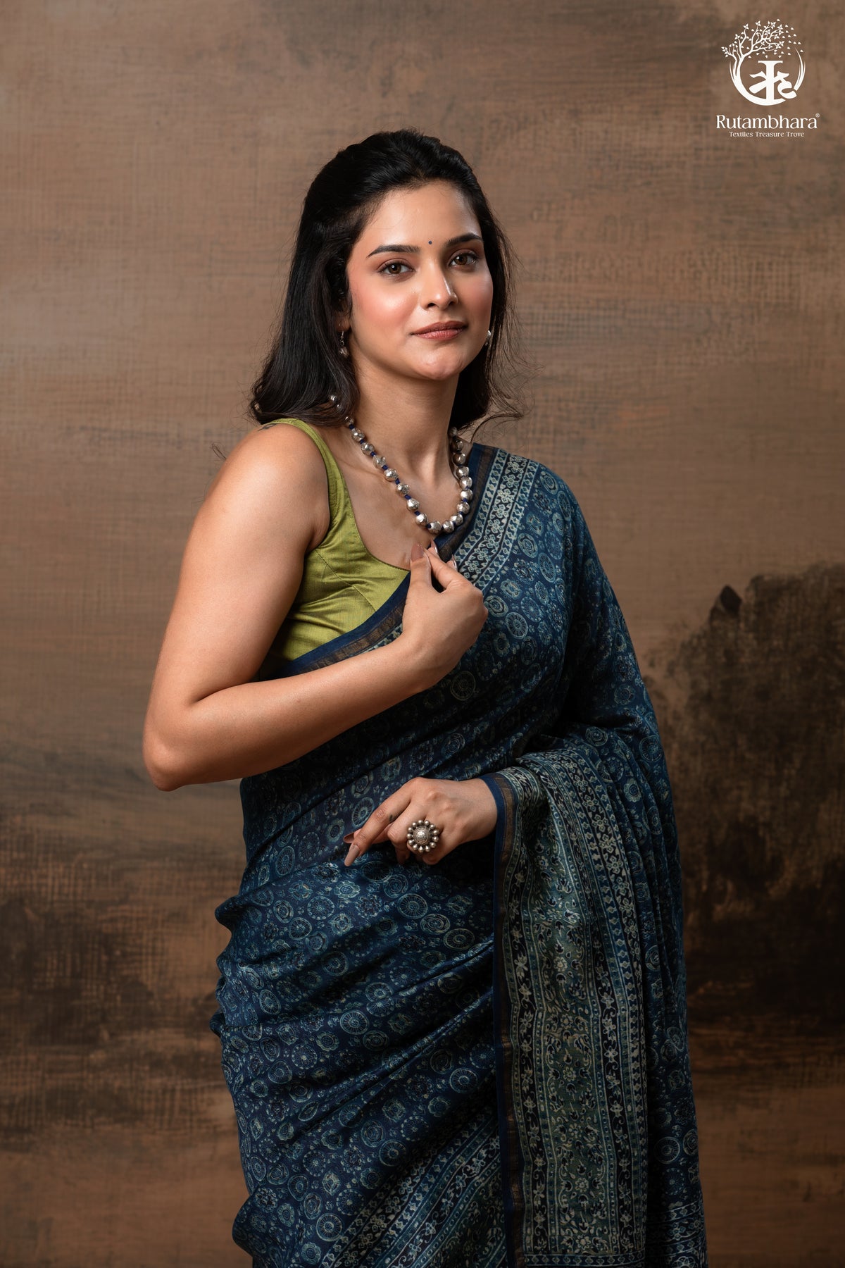Ushraa - Midnight Indigo – Ajrakh in Fluid Silk Cotton With Small Zari Border