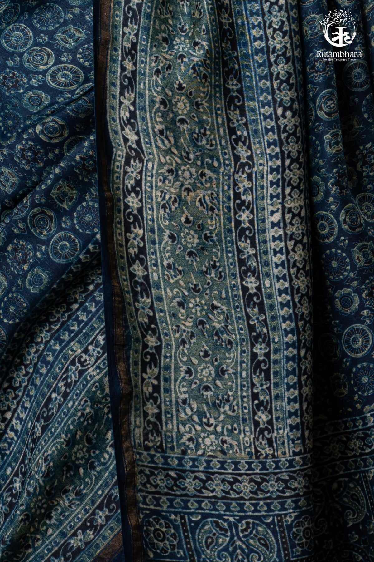 Ushraa - Midnight Indigo – Ajrakh in Fluid Silk Cotton With Small Zari Border