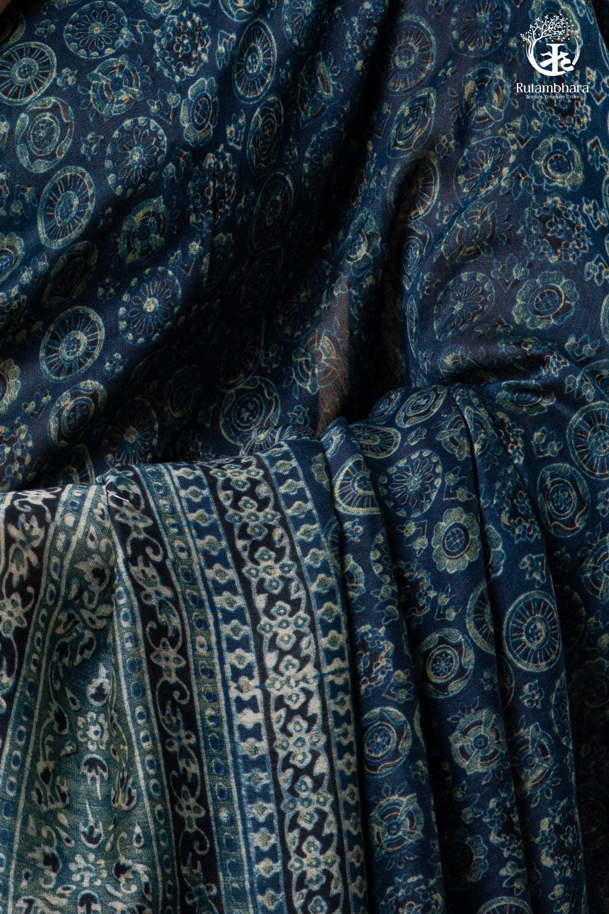 Ushraa - Midnight Indigo – Ajrakh in Fluid Silk Cotton With Small Zari Border