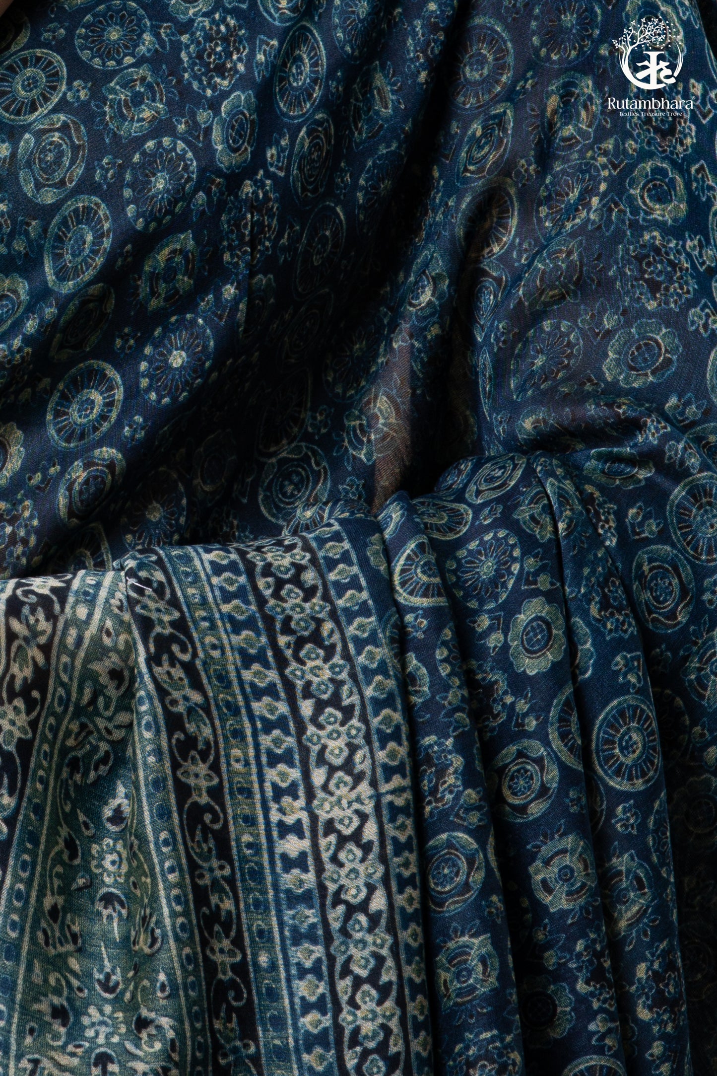 Ushraa - Midnight Indigo – Ajrakh in Fluid Silk Cotton With Small Zari Border