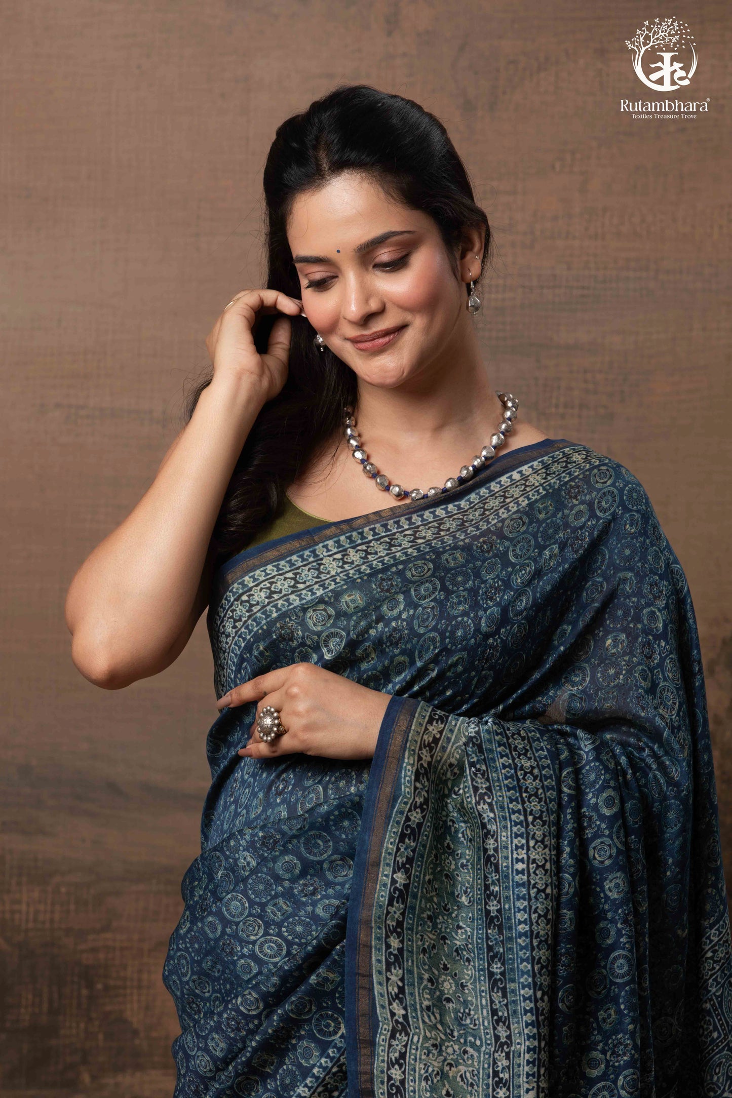 Ushraa - Midnight Indigo – Ajrakh in Fluid Silk Cotton With Small Zari Border