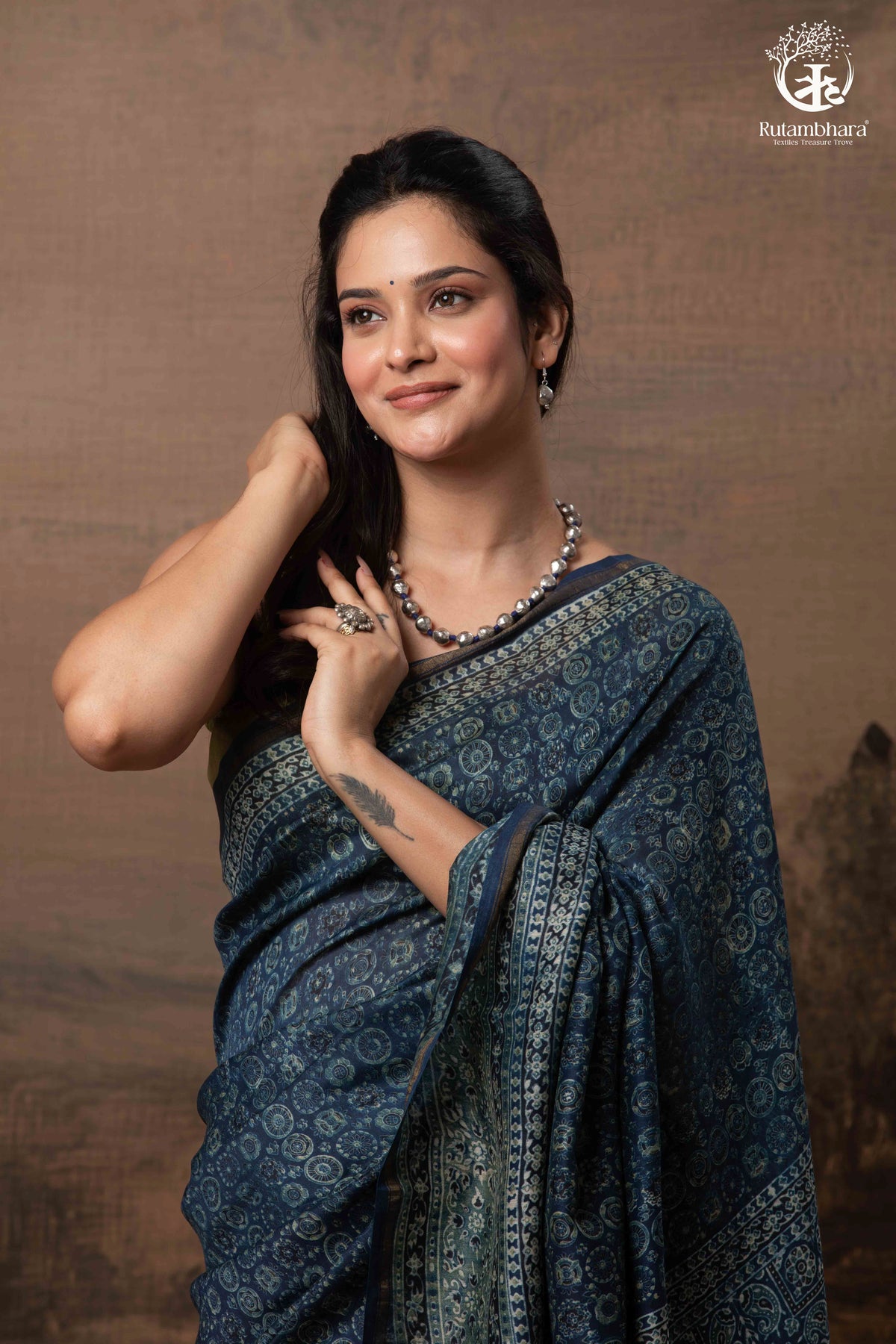 Ushraa - Midnight Indigo – Ajrakh in Fluid Silk Cotton With Small Zari Border