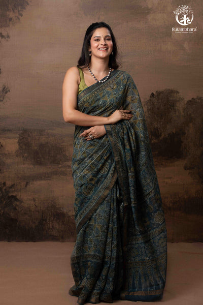 Ushraa - Indigo Ajrakh Kota Silk Cotton Saree with Subtle Zari Border-RUTAMBHARA-RUTAMBHARA