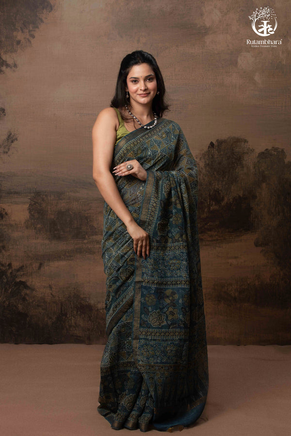 Ushraa - Indigo Ajrakh Kota Silk Cotton Saree with Subtle Zari Border-RUTAMBHARA-RUTAMBHARA