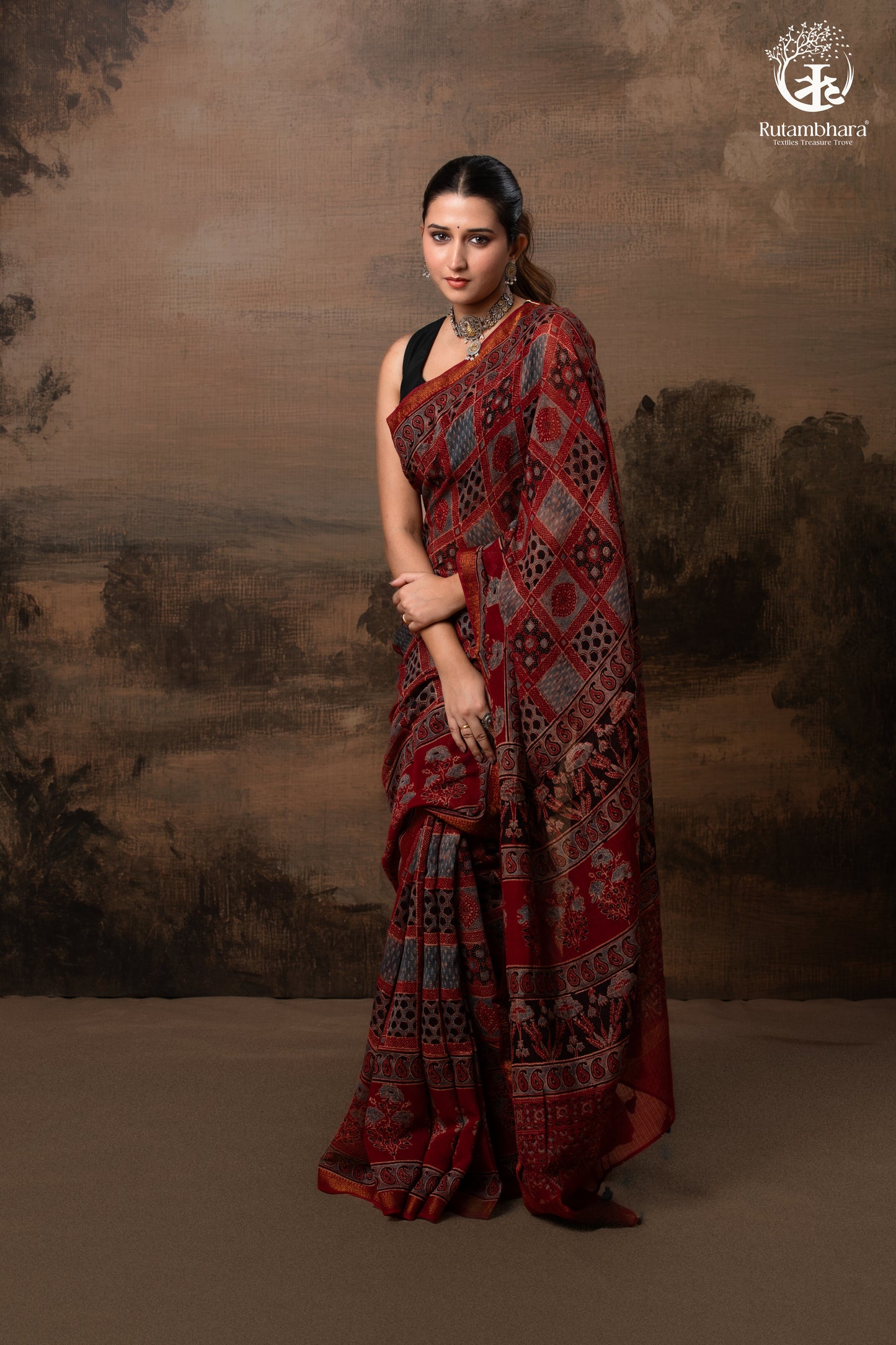 Ushraa - Red Ajrakh Silk Cotton Saree with Delicate Gold Zari Border