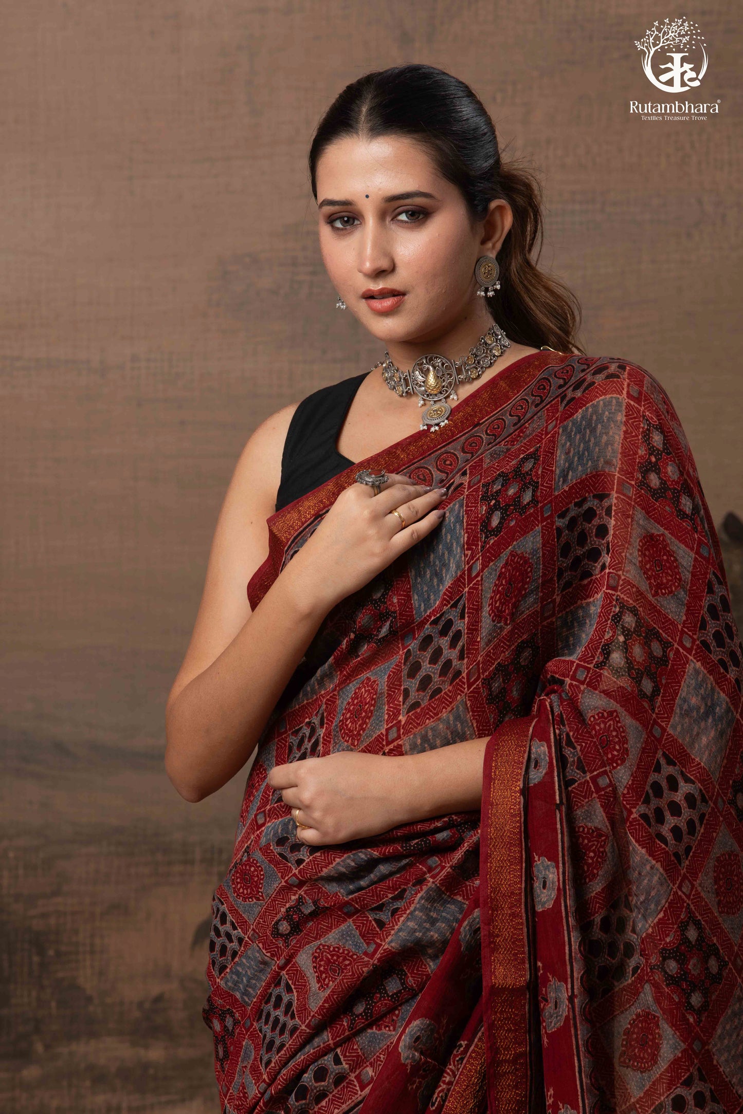 Ushraa - Red Ajrakh Silk Cotton Saree with Delicate Gold Zari Border