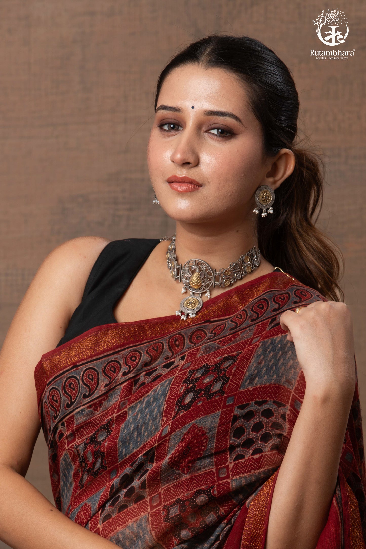 Ushraa - Red Ajrakh Silk Cotton Saree with Delicate Gold Zari Border