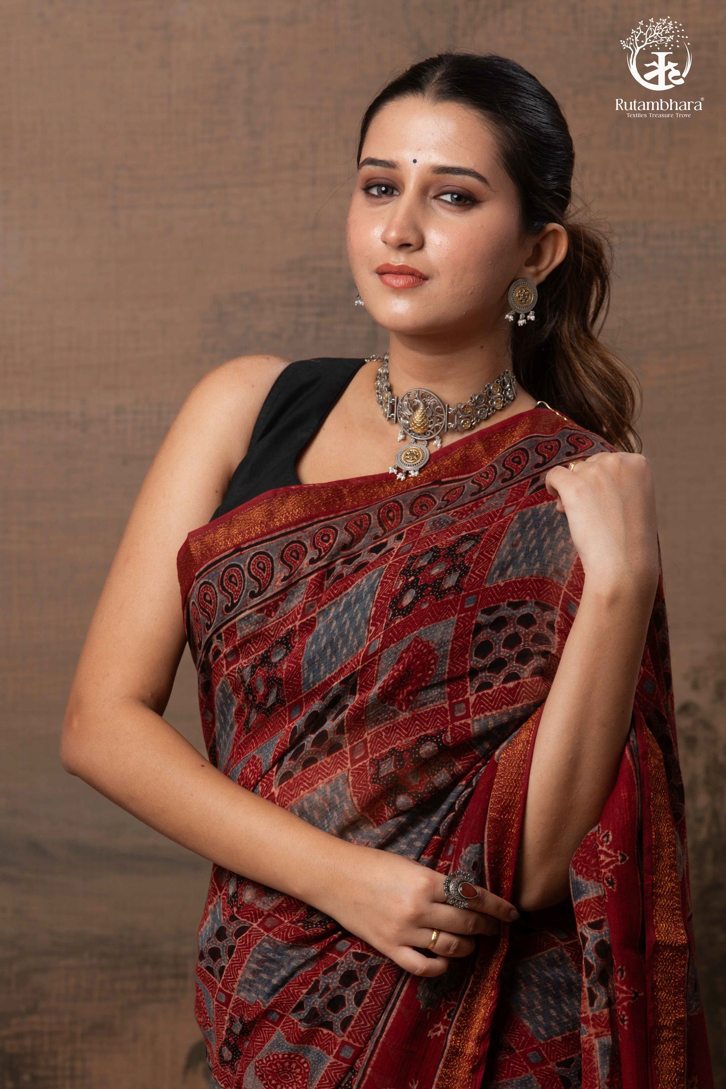 Ushraa - Red Ajrakh Silk Cotton Saree with Delicate Gold Zari Border