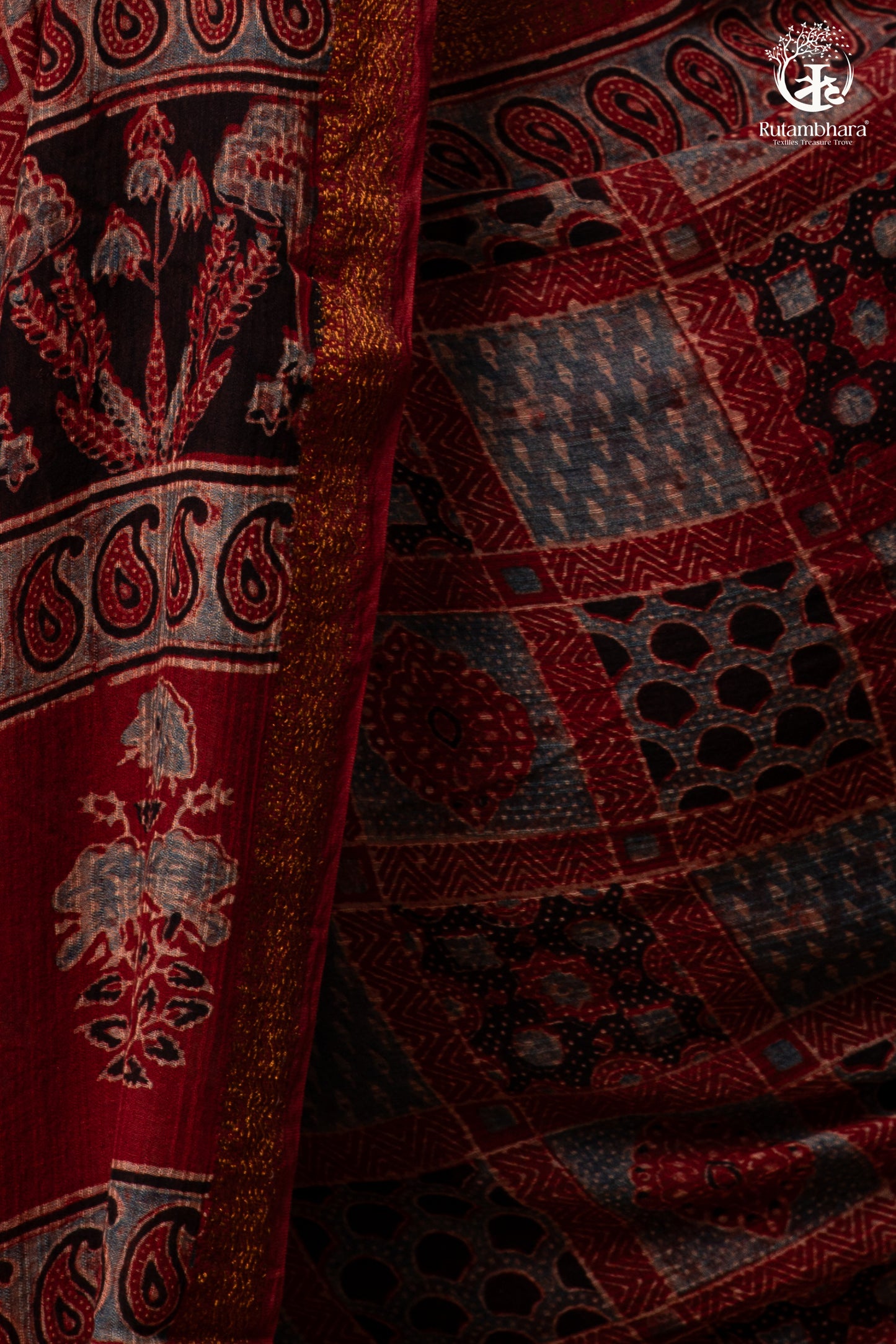 Ushraa - Red Ajrakh Silk Cotton Saree with Delicate Gold Zari Border
