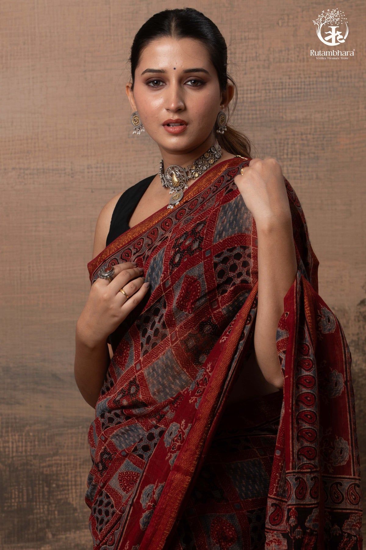 Ushraa - Red Ajrakh Silk Cotton Saree with Delicate Gold Zari Border