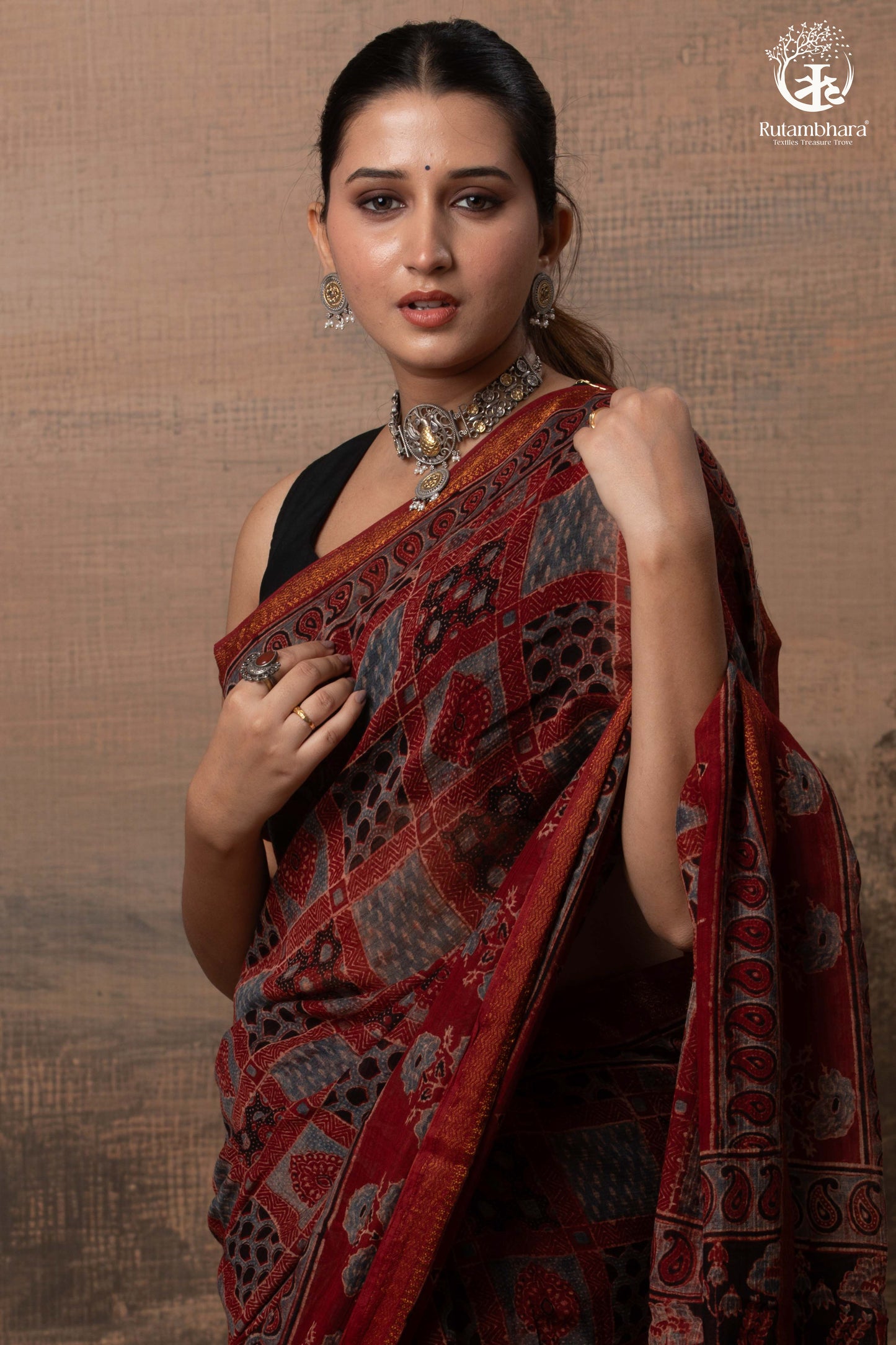 Ushraa - Red Ajrakh Silk Cotton Saree with Delicate Gold Zari Border