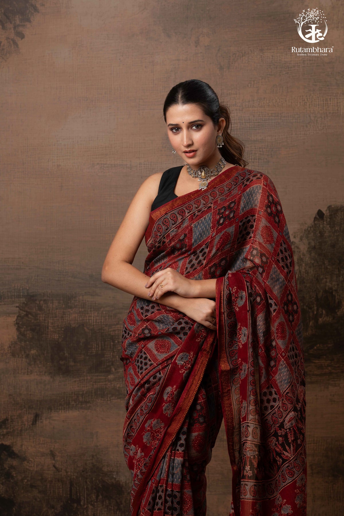 Ushraa - Red Ajrakh Silk Cotton Saree with Delicate Gold Zari Border