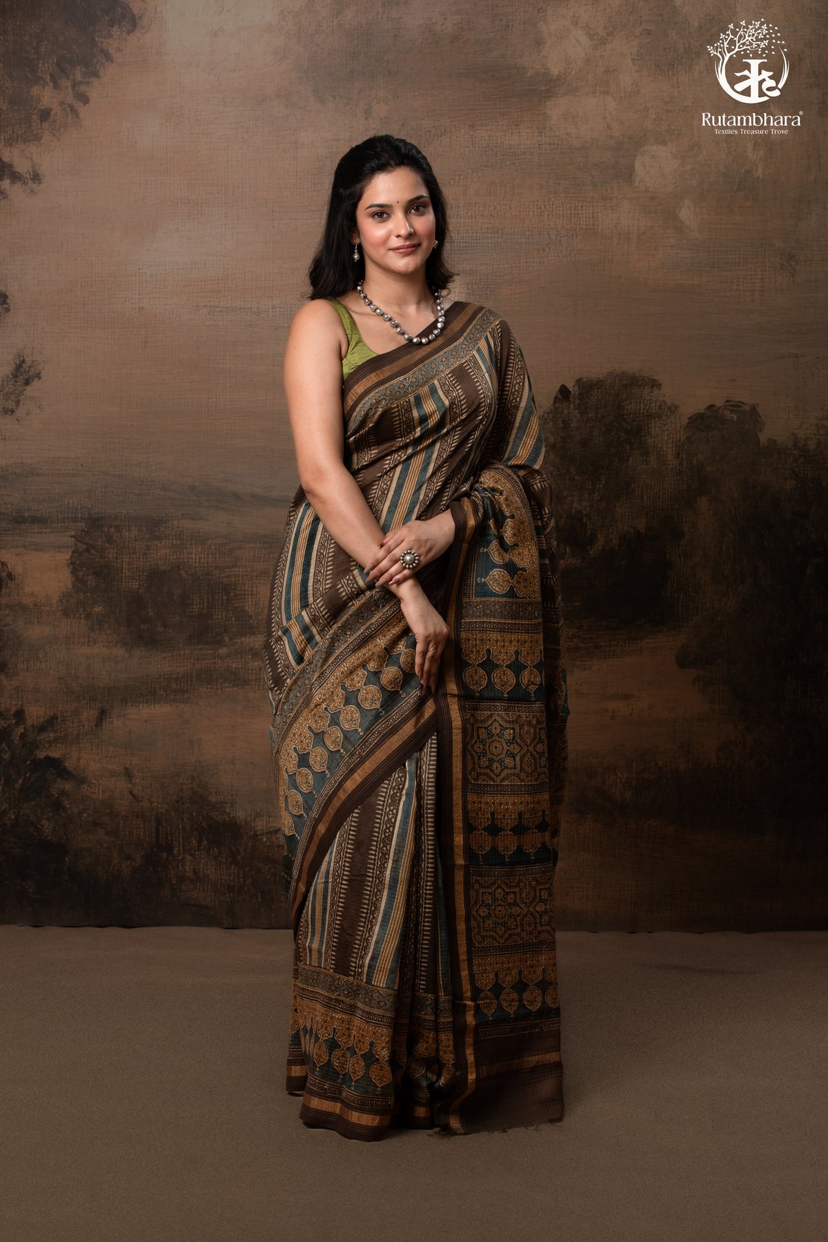 Ushraa - Walnut Indigo Ajrakh Cotton Silk Saree with Gold Zari Border