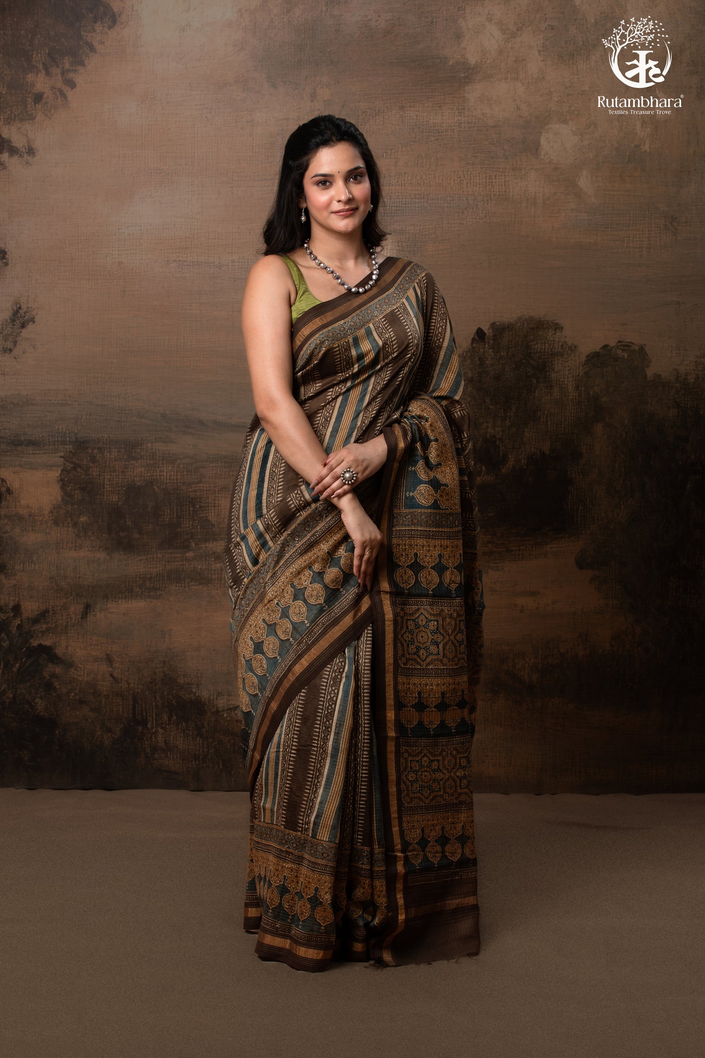Ushraa - Walnut Indigo Ajrakh Cotton Silk Saree with Gold Zari Border