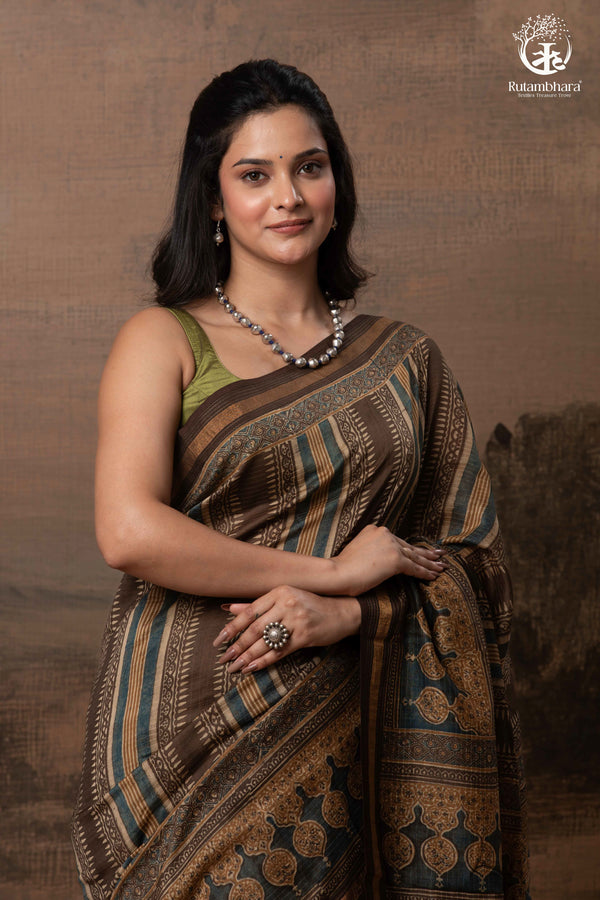 Ushraa - Walnut Indigo Ajrakh Cotton Silk Saree with Gold Zari Border-RUTAMBHARA-RUTAMBHARA