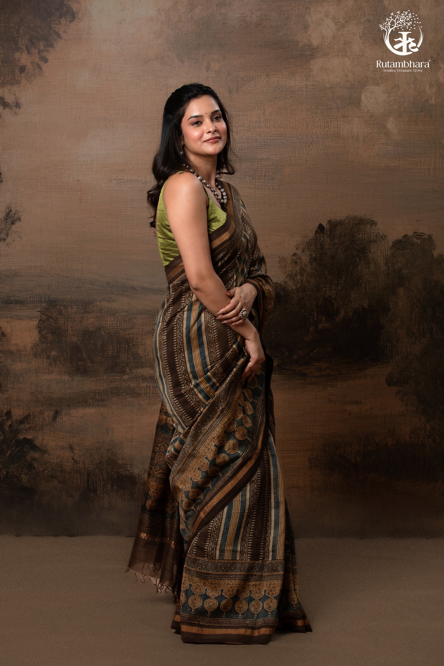 Ushraa - Walnut Indigo Ajrakh Cotton Silk Saree with Gold Zari Border
