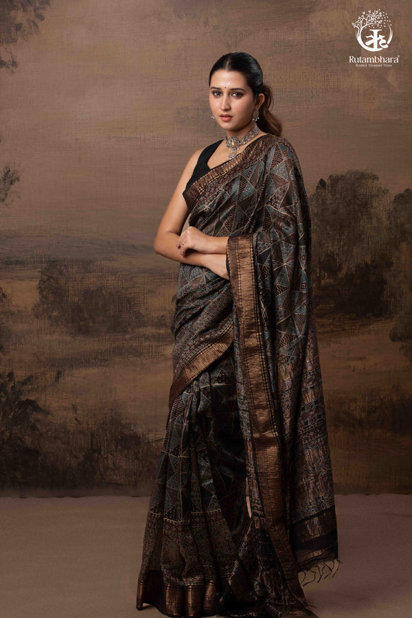 Ushraa - Charcoal Indigo Ajrakh Cotton Silk Saree With Gold Zari Border-RUTAMBHARA-RUTAMBHARA