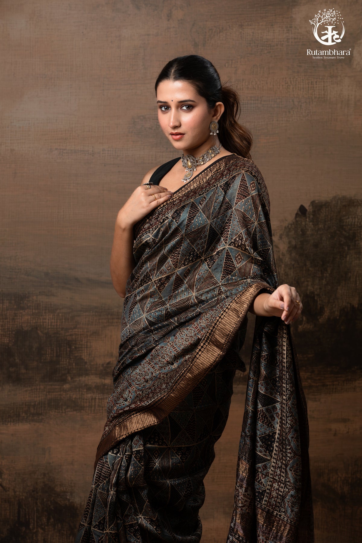 Ushraa - Charcoal Indigo Ajrakh Cotton Silk Saree With Gold Zari Border