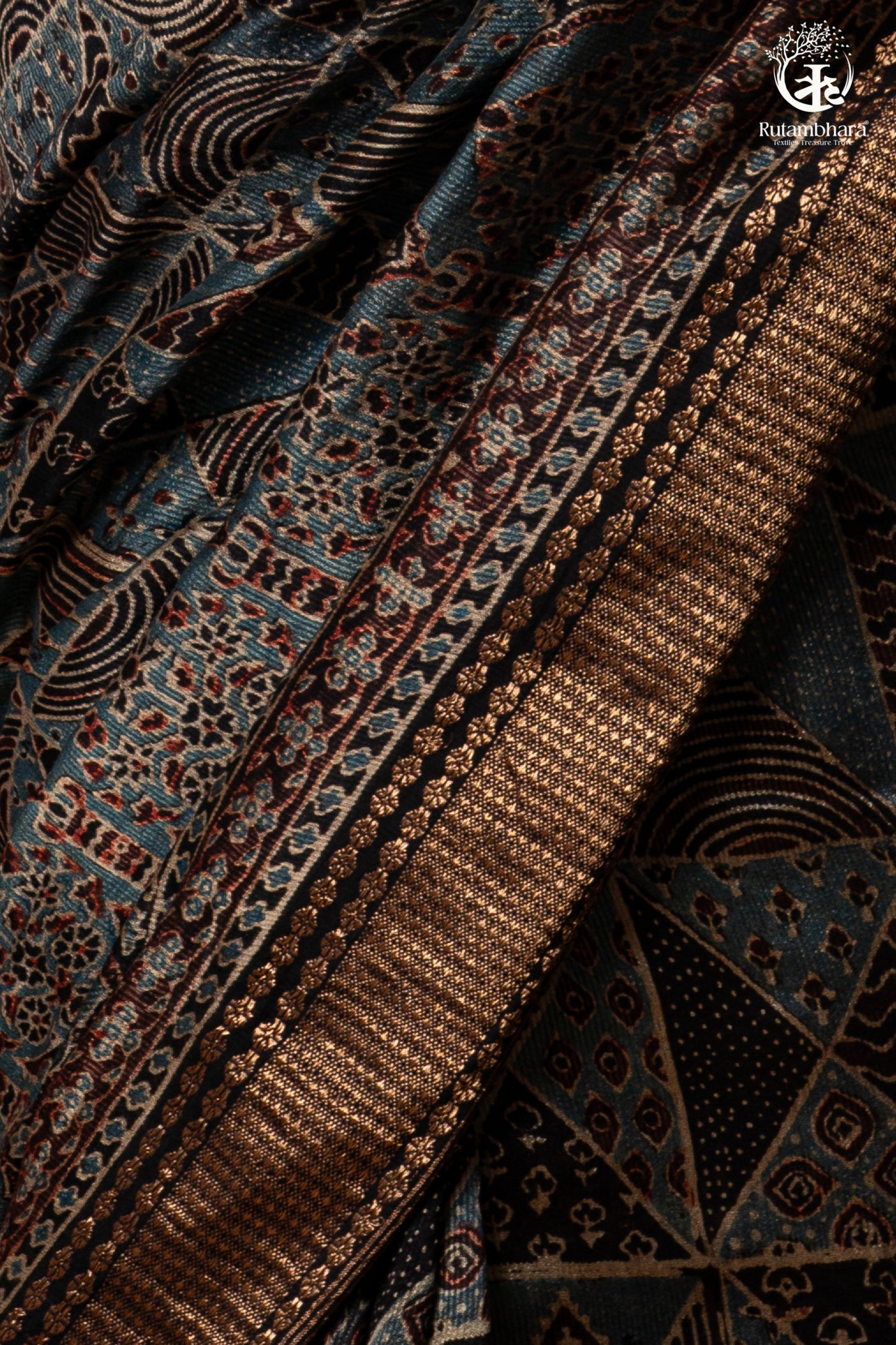 Ushraa - Charcoal Indigo Ajrakh Cotton Silk Saree With Gold Zari Border
