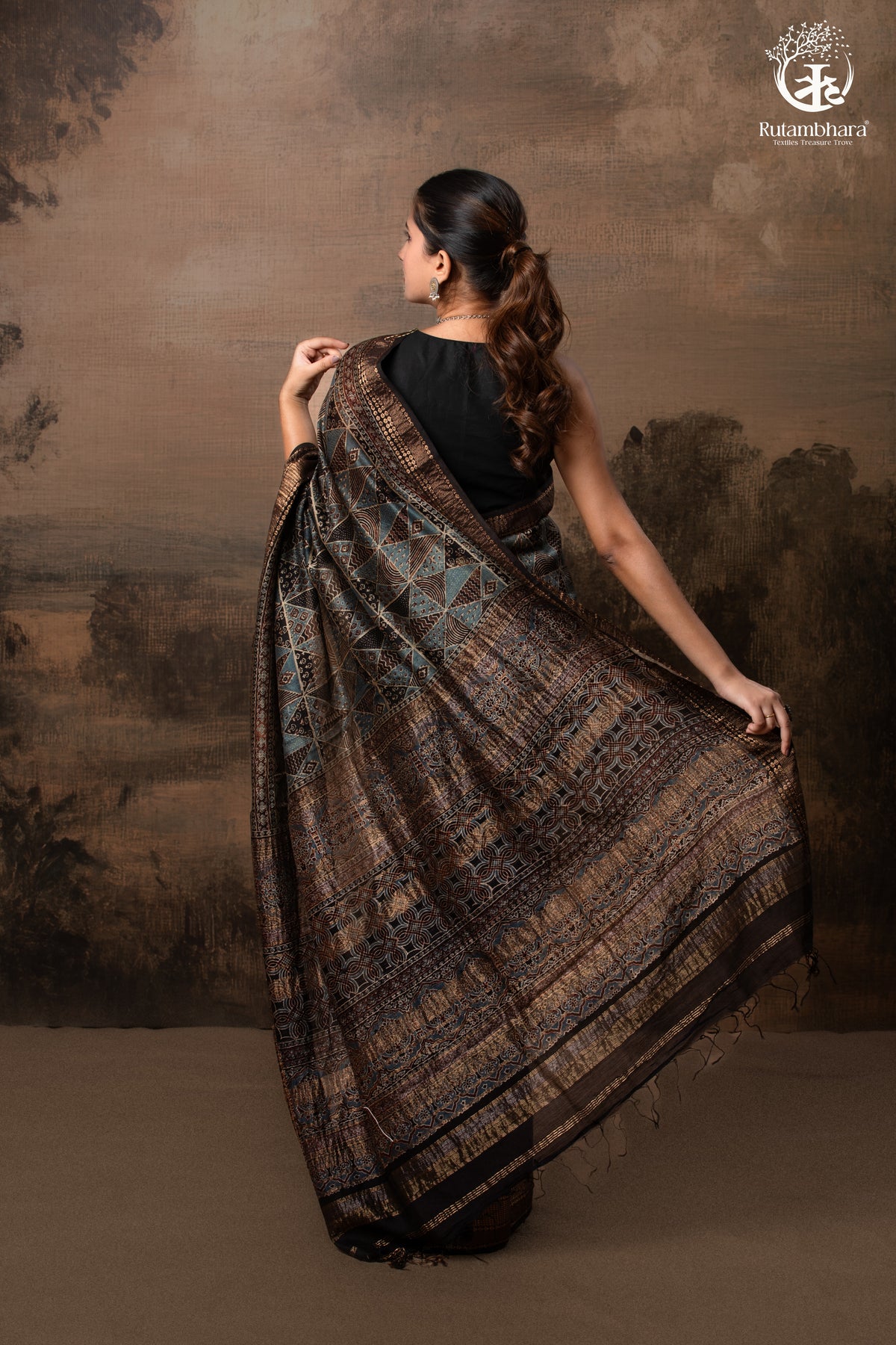 Ushraa - Charcoal Indigo Ajrakh Cotton Silk Saree With Gold Zari Border