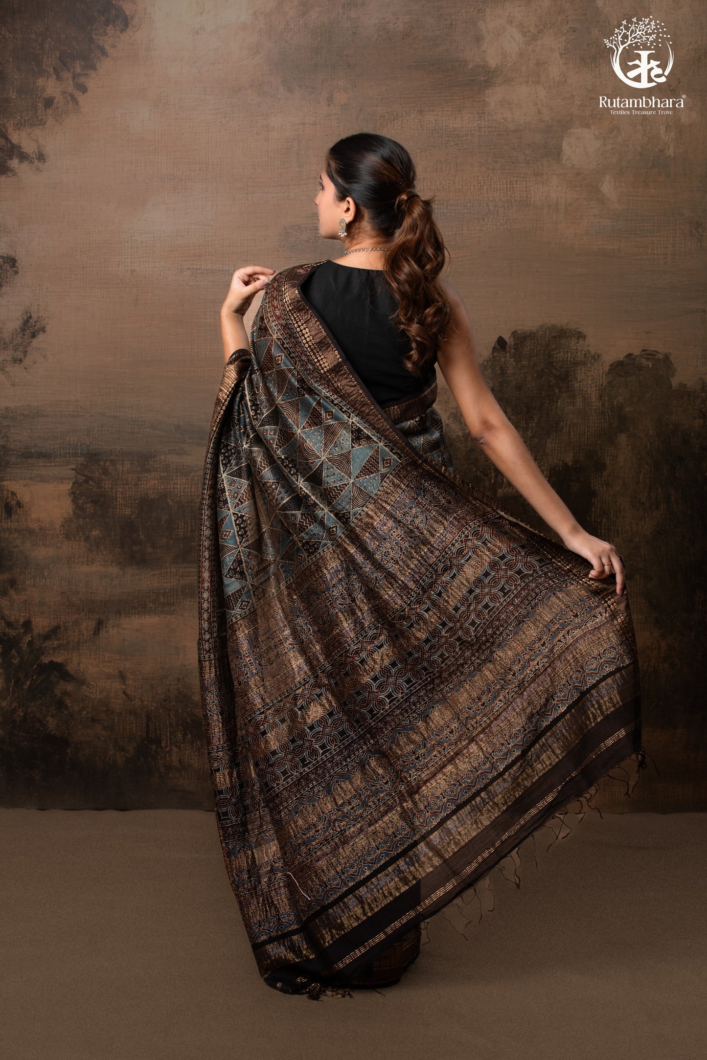 Ushraa - Charcoal Indigo Ajrakh Cotton Silk Saree With Gold Zari Border