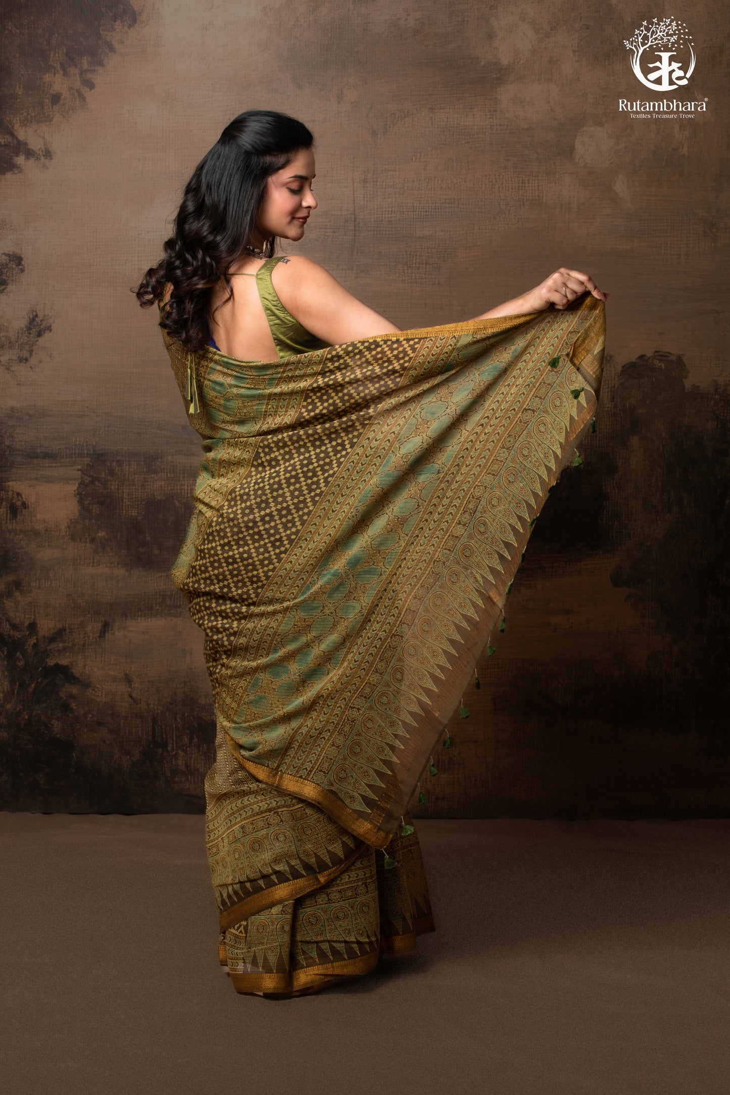 Ushraa - Earthy Olive Ajrakh Kota Silk Cotton Saree with Delicate Gold Zari Border