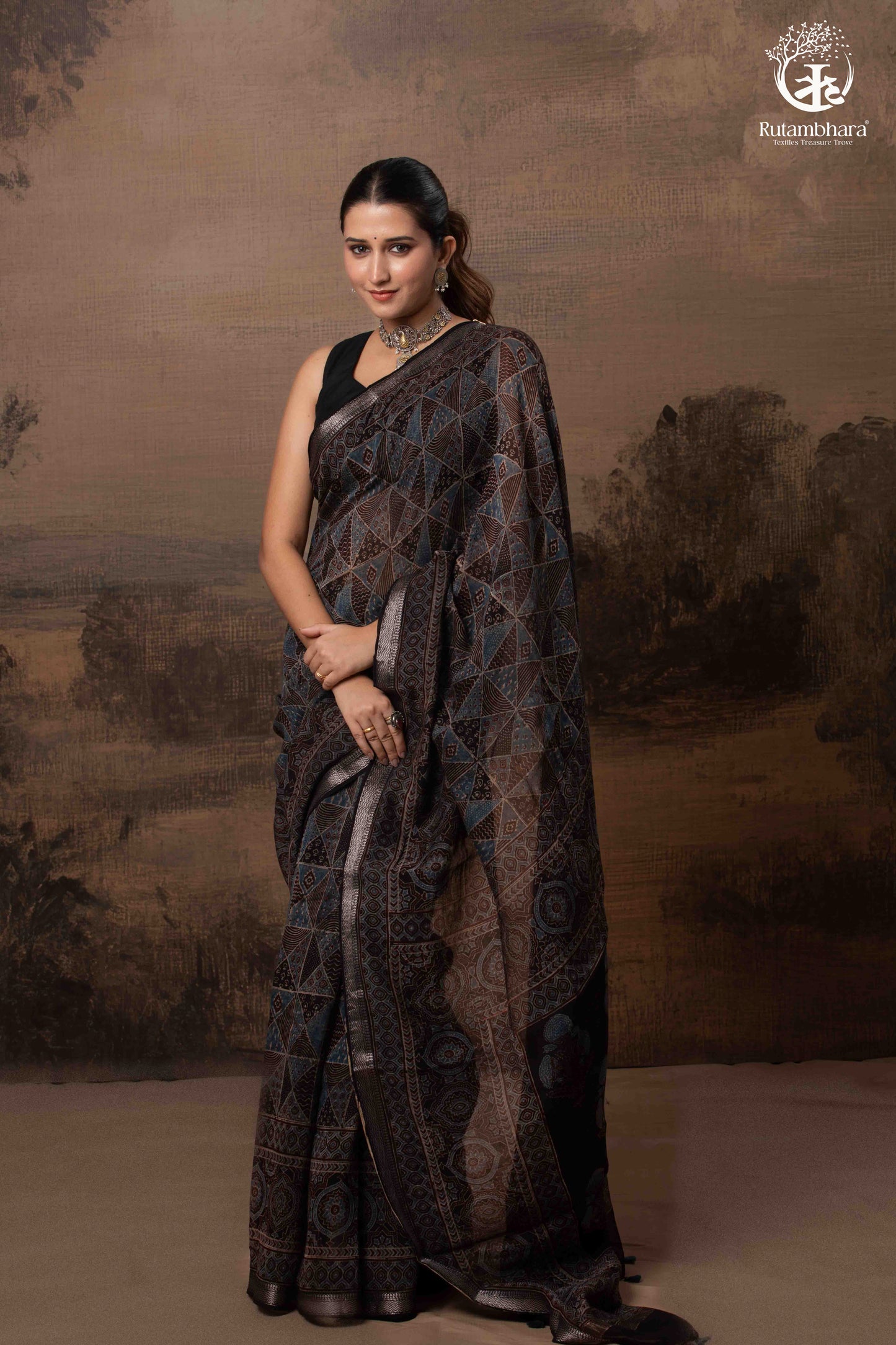 Ushraa - Black and Indigo Ajrakh Hand Block Printed Kota Cotton Silk Saree with Small Silver Zari Border