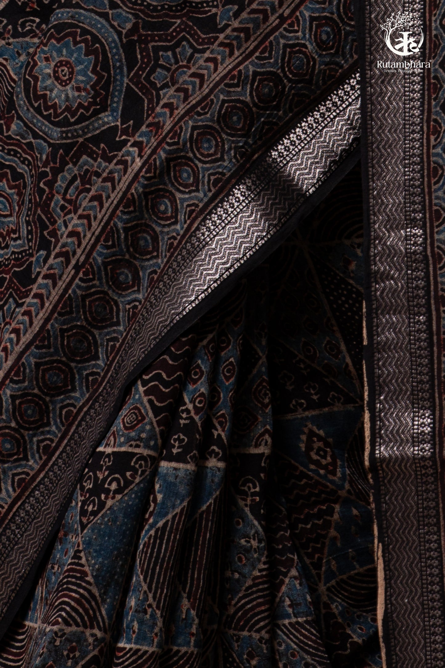 Ushraa - Black and Indigo Ajrakh Hand Block Printed Kota Cotton Silk Saree with Small Silver Zari Border