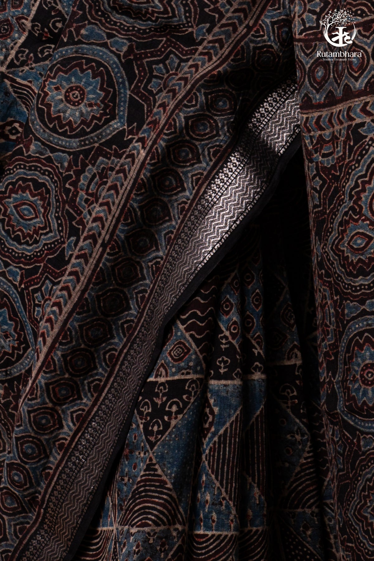 Ushraa - Black and Indigo Ajrakh Hand Block Printed Kota Cotton Silk Saree with Small Silver Zari Border