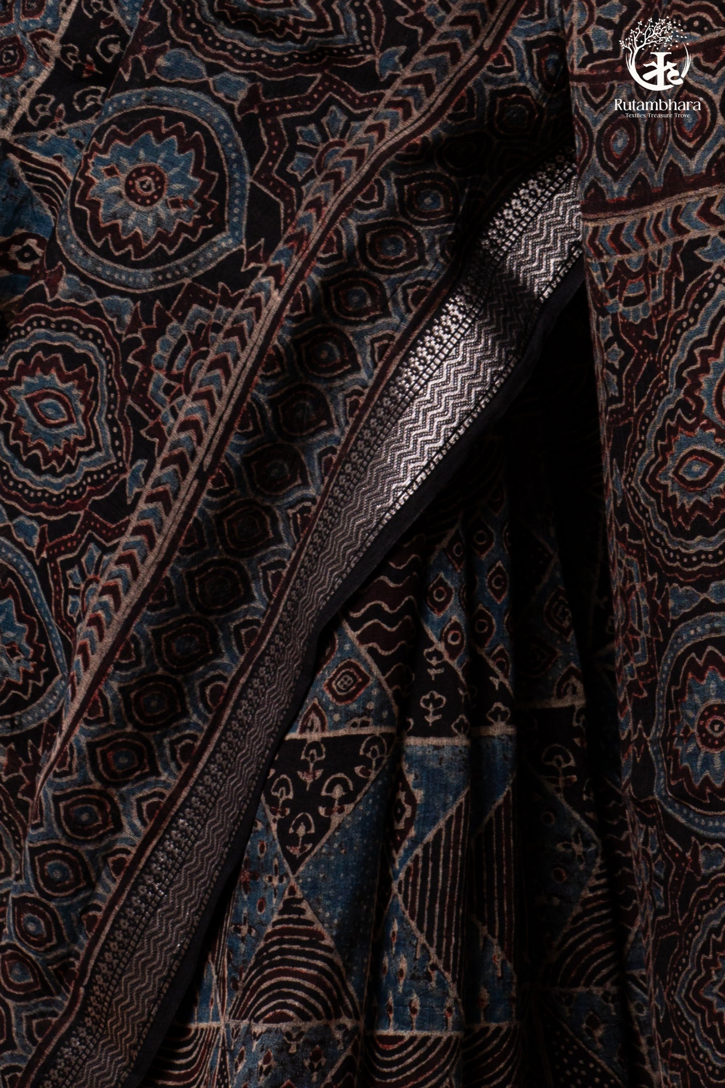 Ushraa - Black and Indigo Ajrakh Hand Block Printed Kota Cotton Silk Saree with Small Silver Zari Border