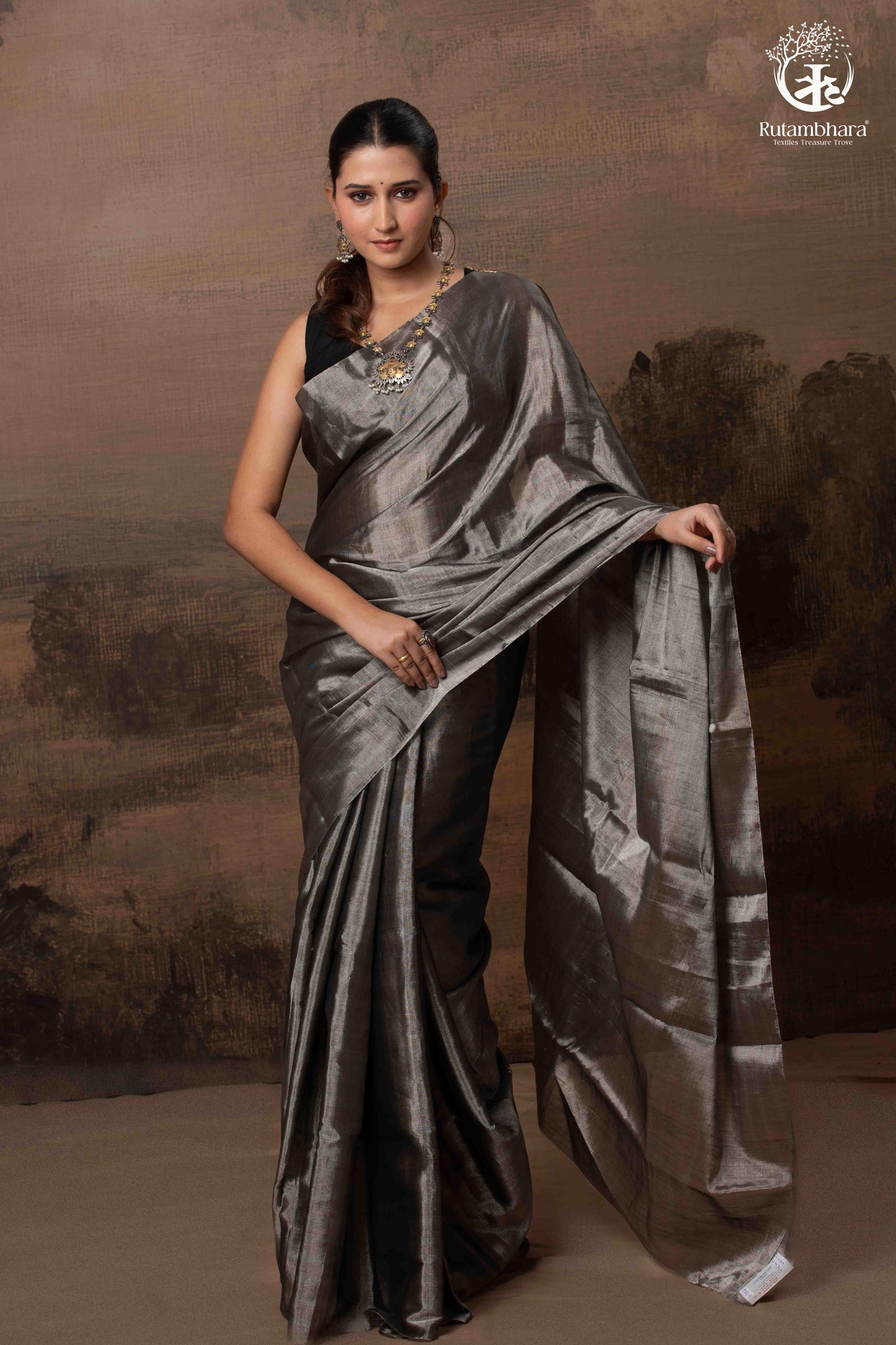 Swarvi - Silver Noir Handwoven Chanderi Tissue Saree