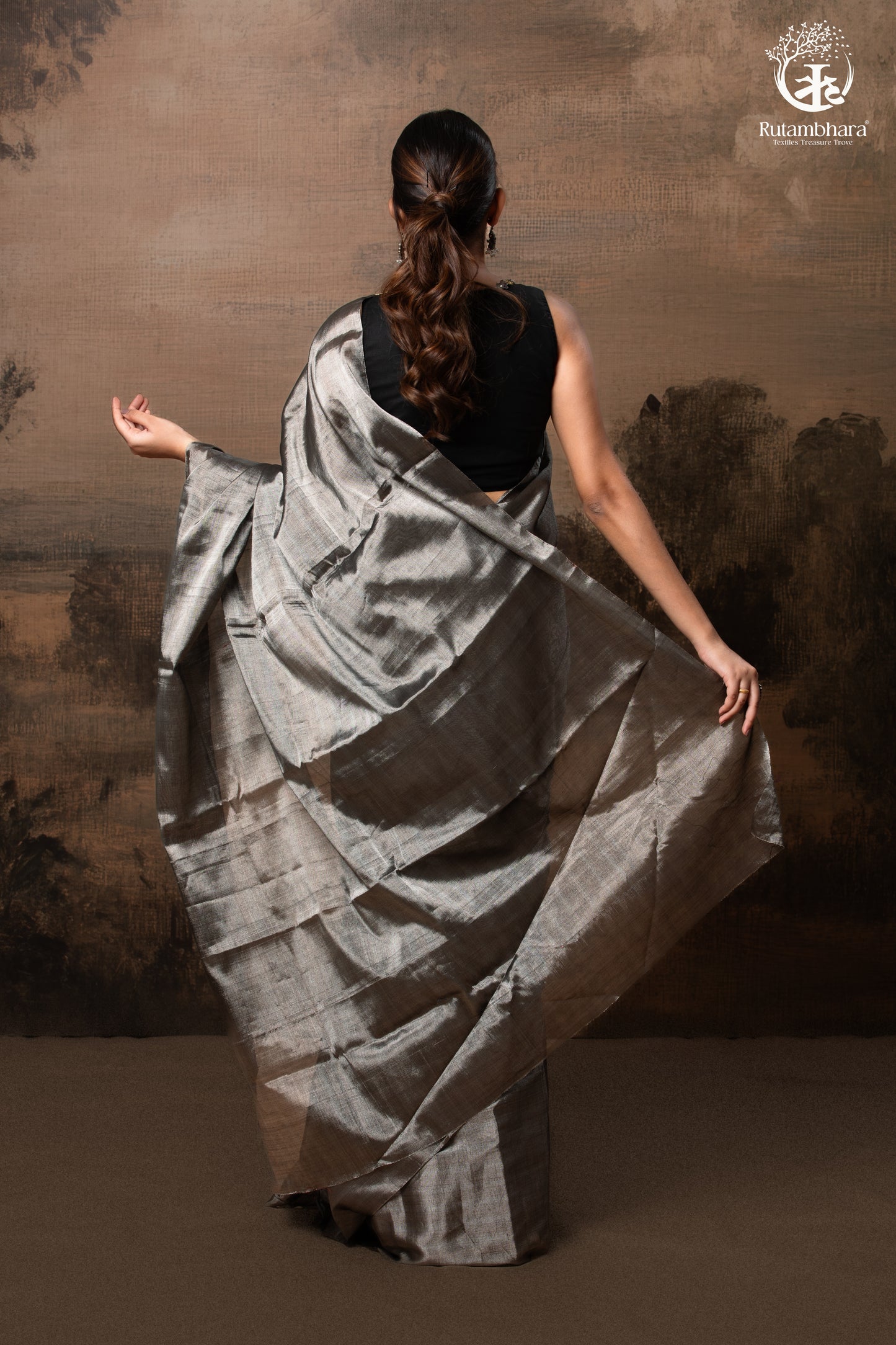 Swarvi - Silver Noir Handwoven Chanderi Tissue Saree