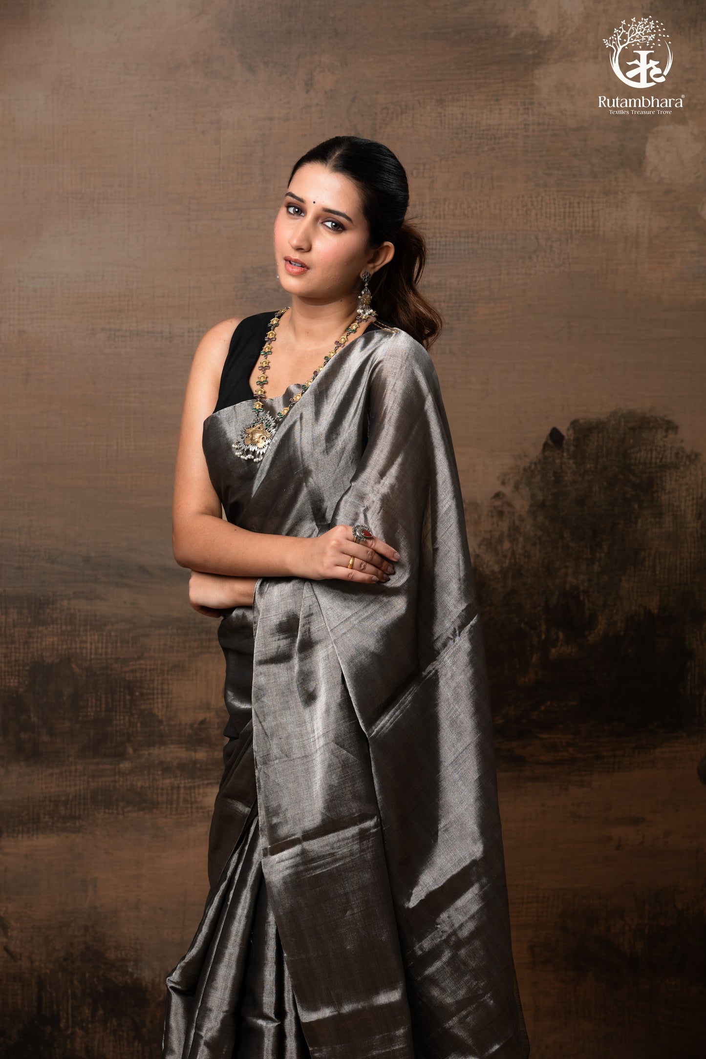 Swarvi - Silver Noir Handwoven Chanderi Tissue Saree