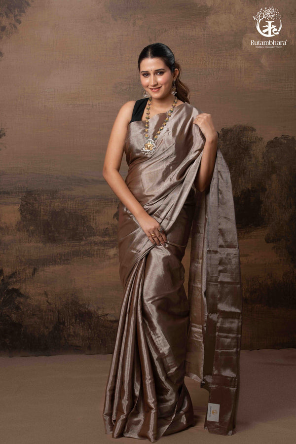 Swarvi - Lustrous SIlver Brown Handwoven Chanderi Tissue Saree-RUTAMBHARA -RUTAMBHARA