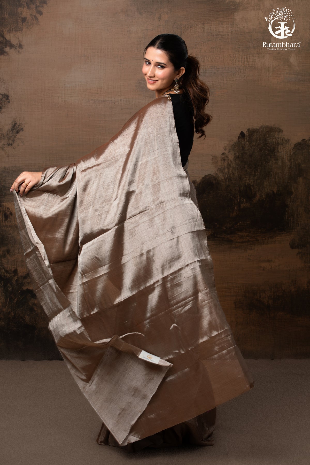 Swarvi - Lustrous SIlver Brown Handwoven Chanderi Tissue Saree