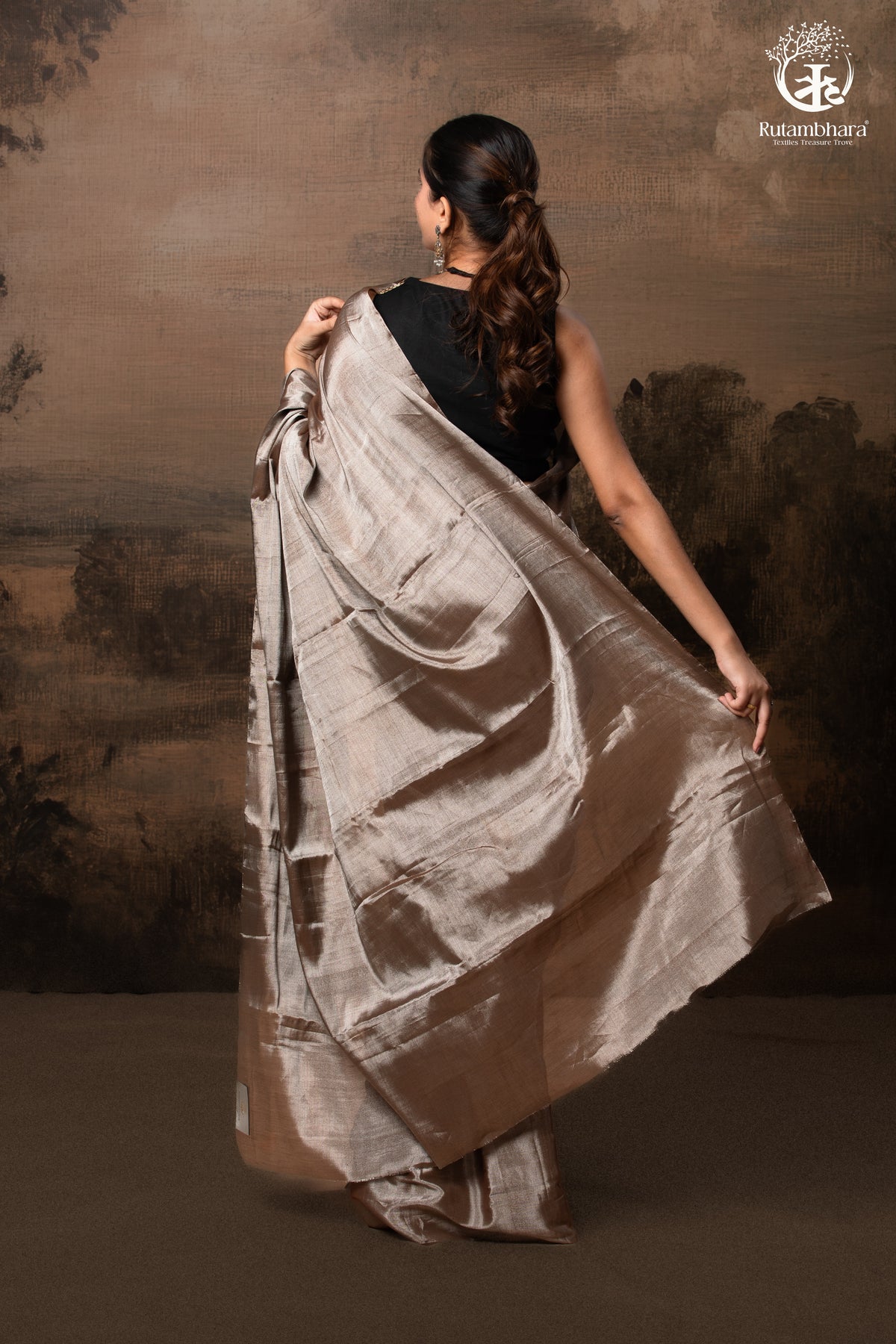 Swarvi - Lustrous SIlver Brown Handwoven Chanderi Tissue Saree